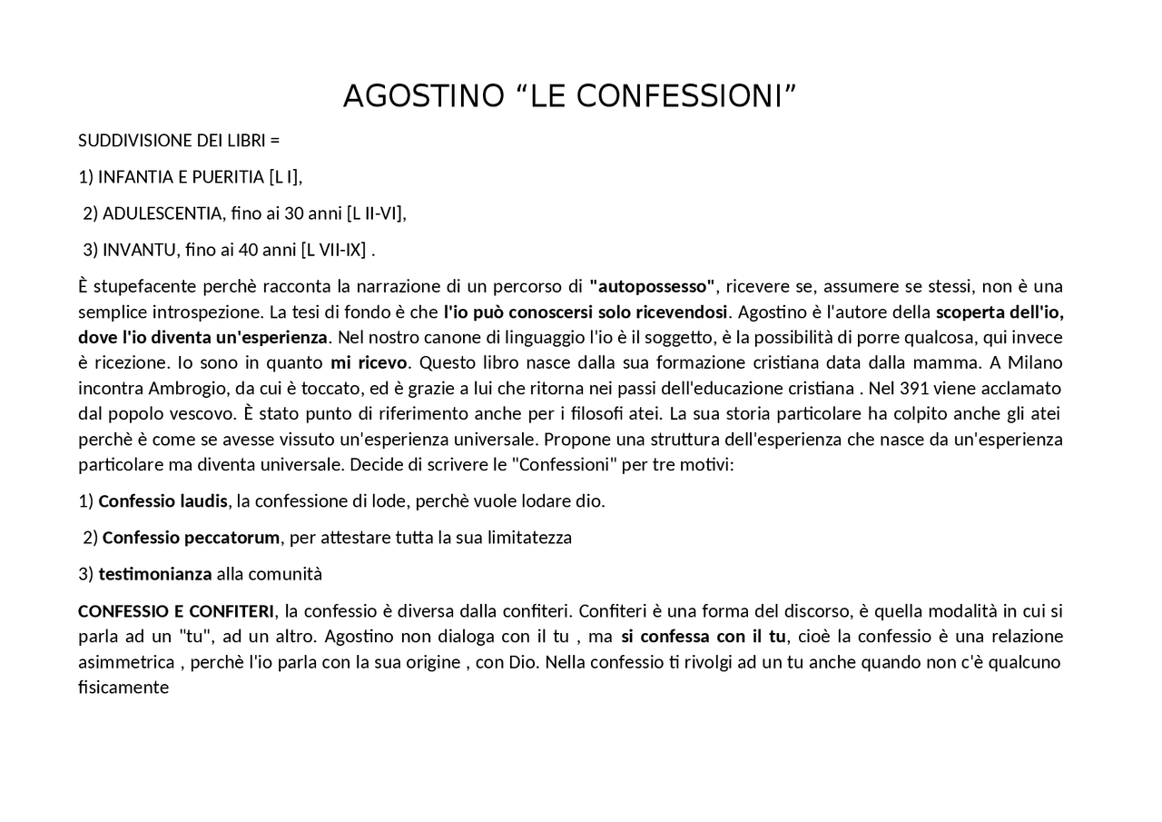 Riassunto le confessioni di sant'agostino | Appunti di Storia Della