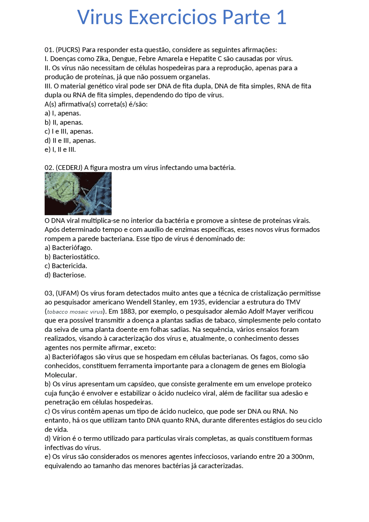 Virus(Microbiologia) Exercicios Versāo 2.0 - Docsity
