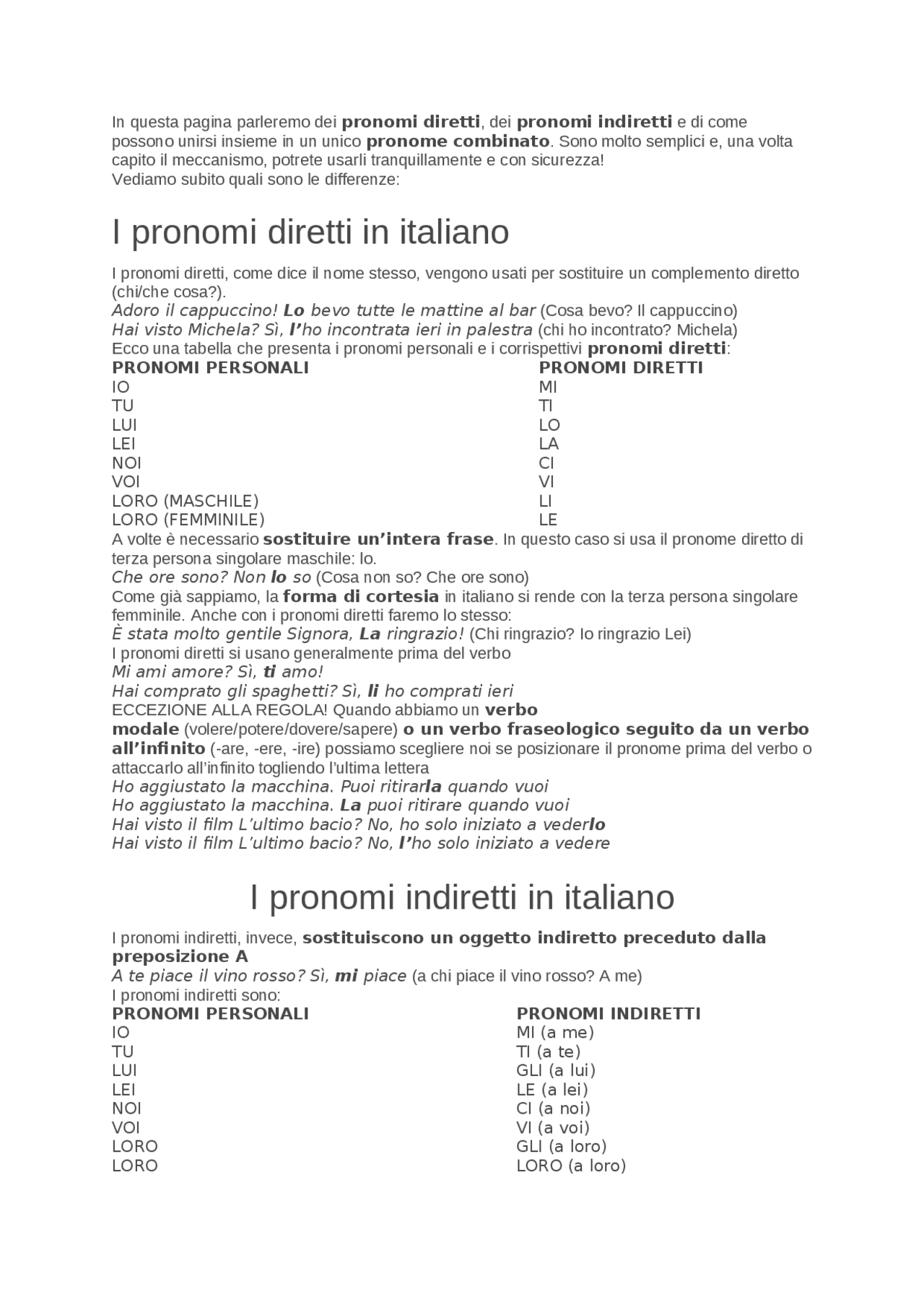 Pronomi diretti e indiretti Docsity