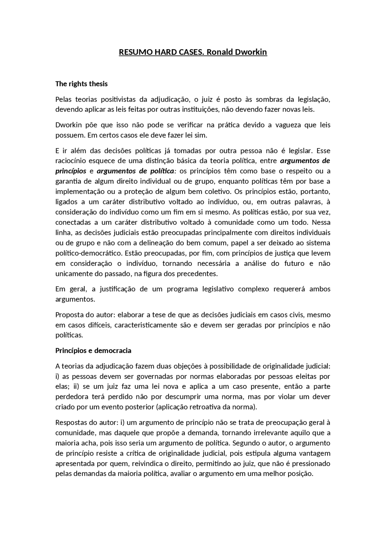 Resumo Hard Cases. Ronald Dworkin Docsity