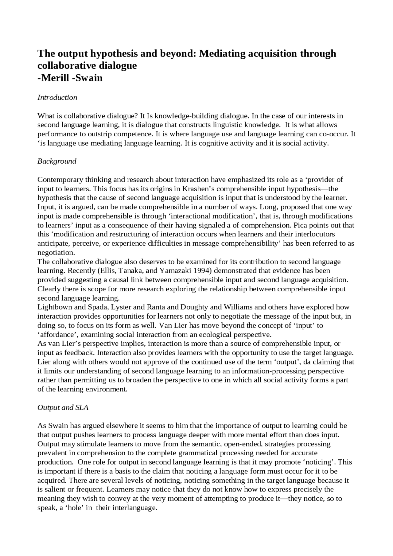 The Output Hypothesis and Beyond - Docsity