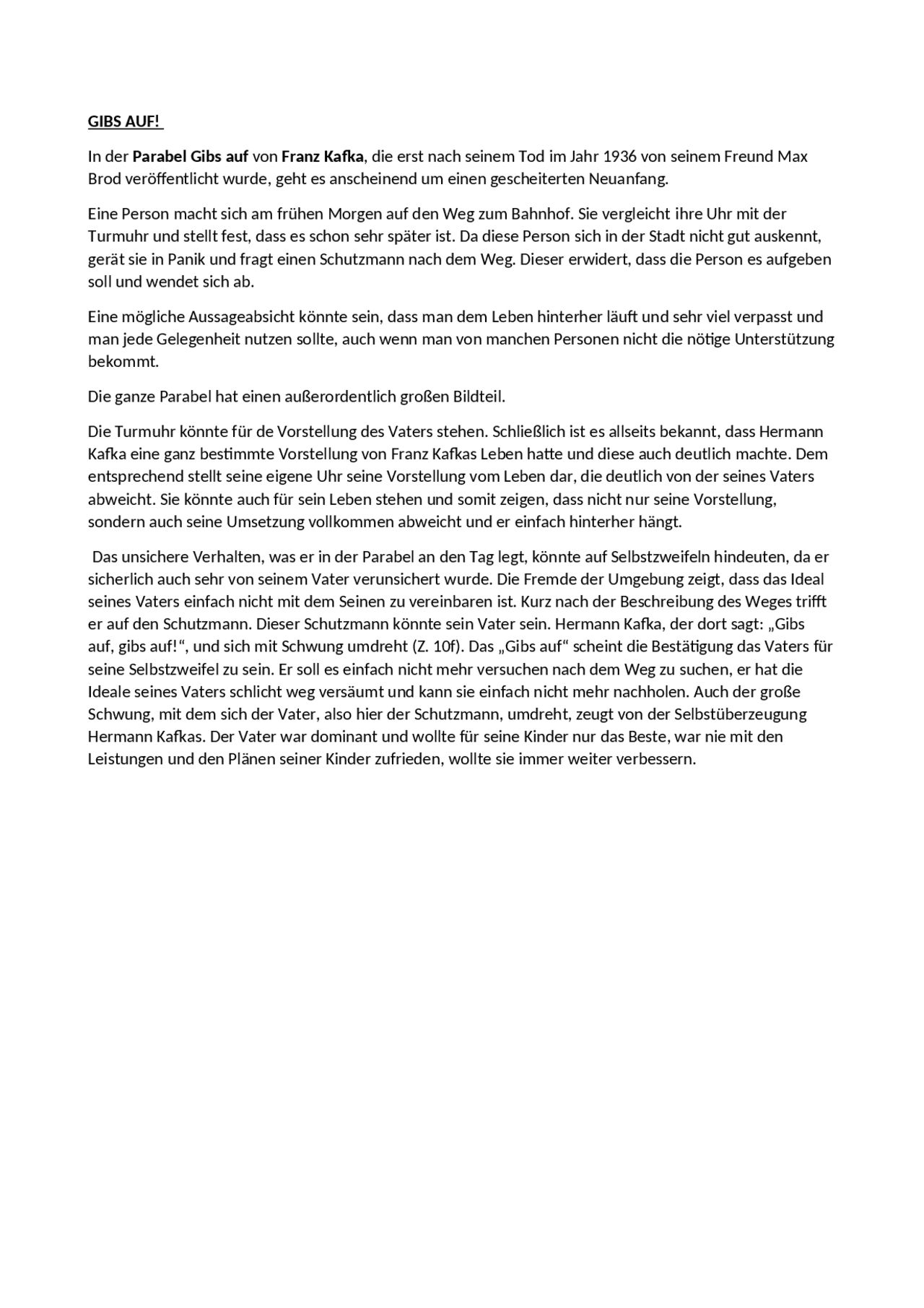 Gibs auf - KAFKA analisi in tedesco - Docsity