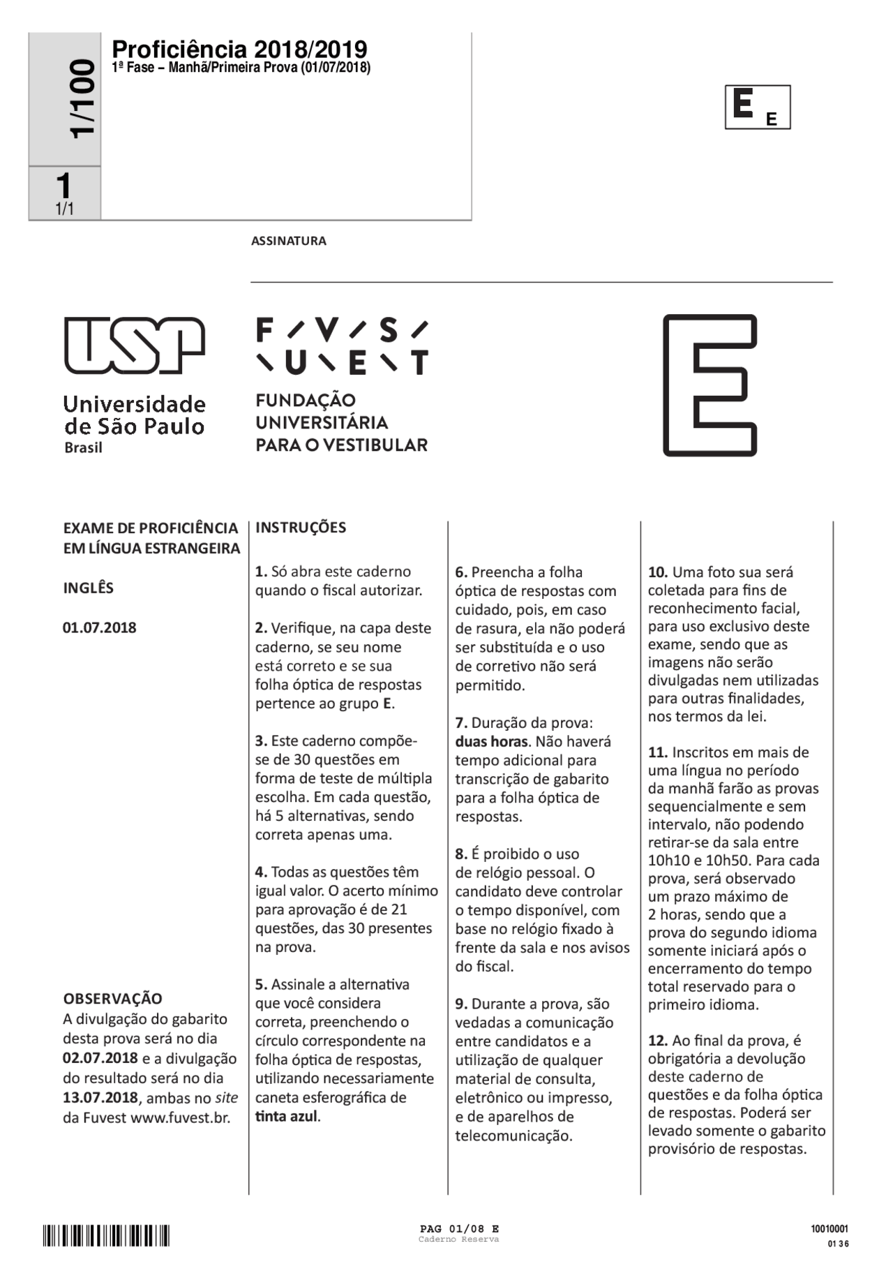 Modelo prova de proficiência USP - Docsity