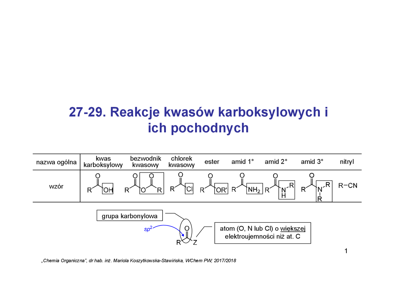 Reakcje kwasów karboksylowych i ich pochodnych - Docsity