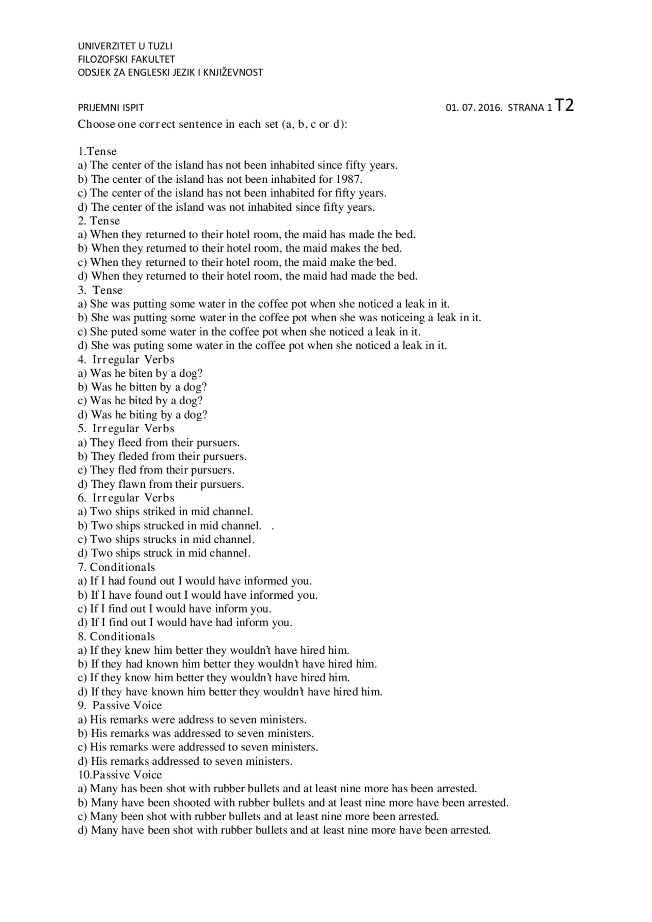 Test br. 2 iz engleskog jezika i književnost 20 pitanja Filozofski