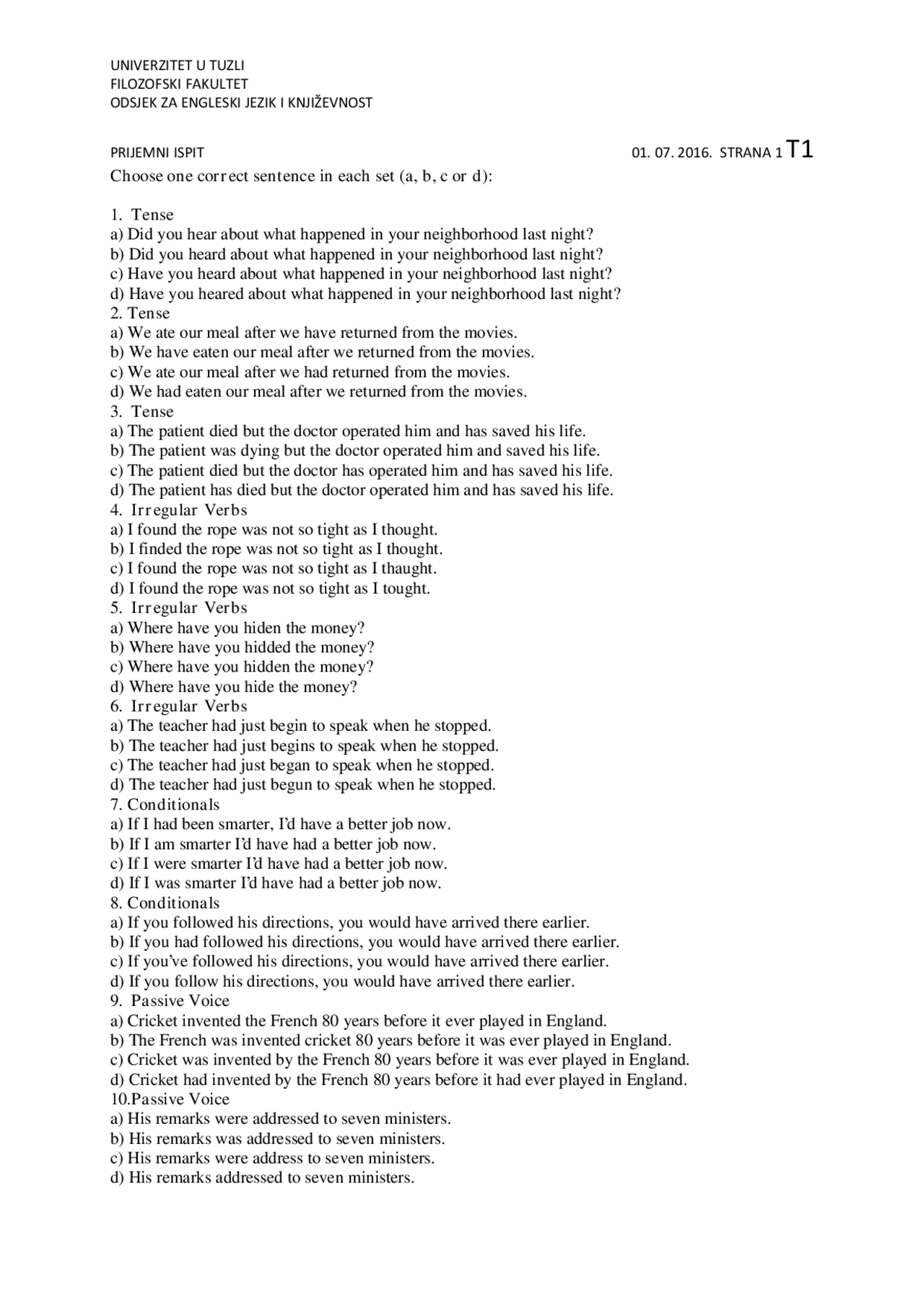 Test br. 1 iz engleskog jezika i književnost 20 pitanja Filozofski