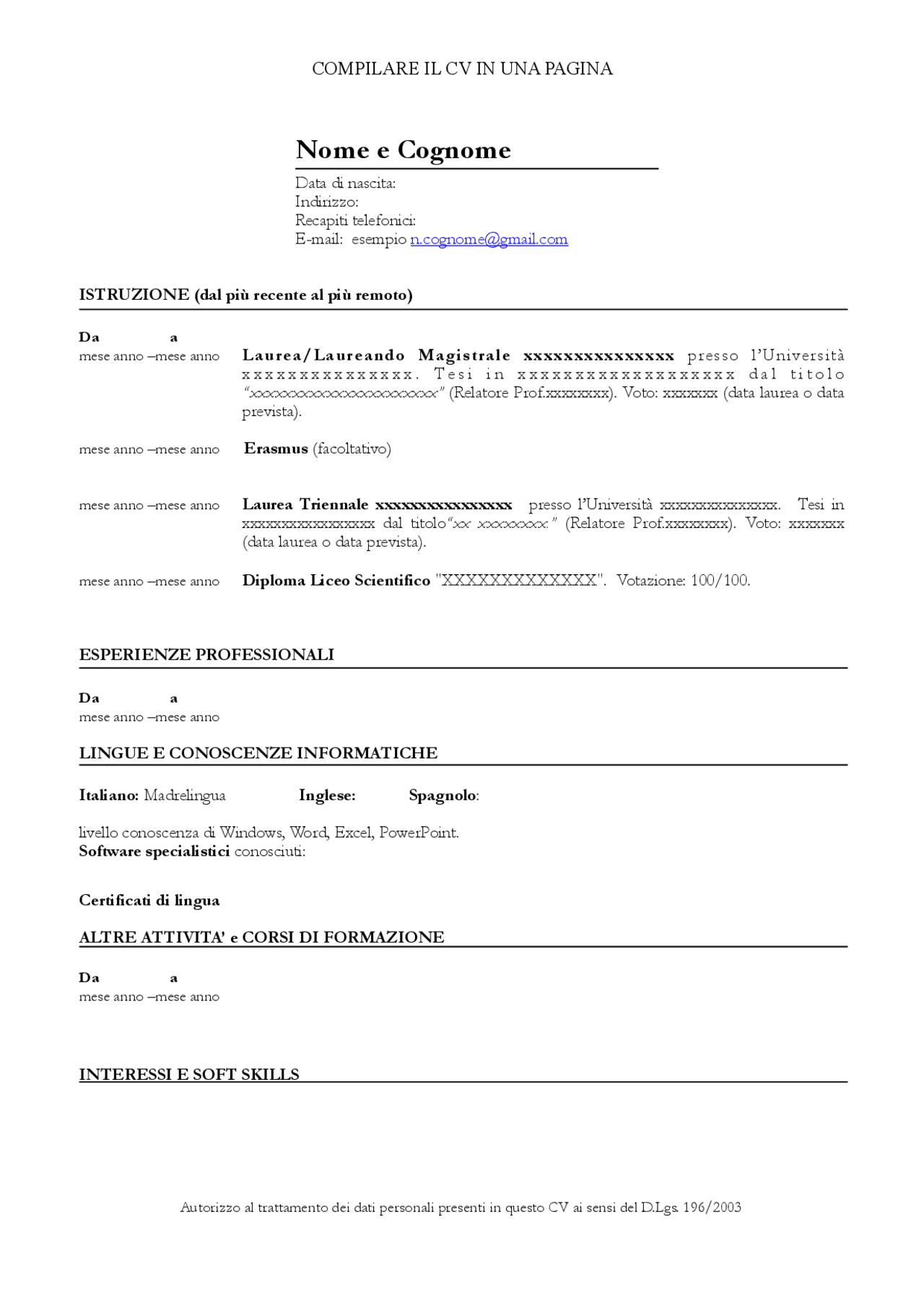 Modelo italiano de Curriculum vitae - Docsity