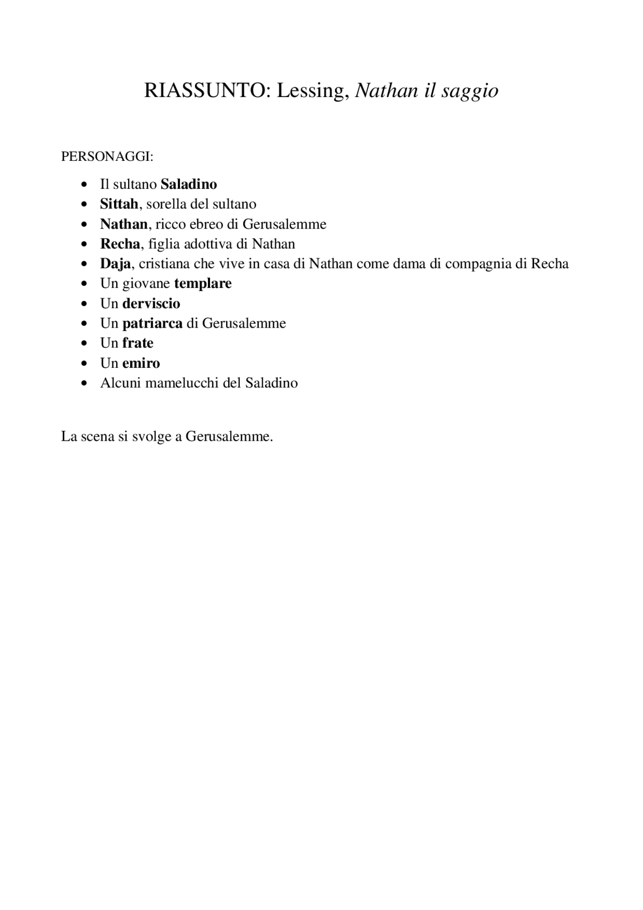 RIASSUNTO Lessing, Nathan il saggio Sintesi del corso di Letteratura