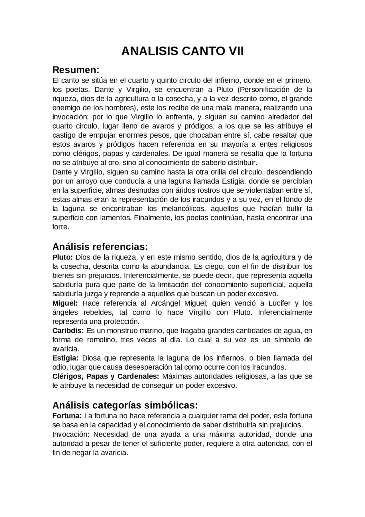 Analisis Canto Vii Divina Comedia Docsity