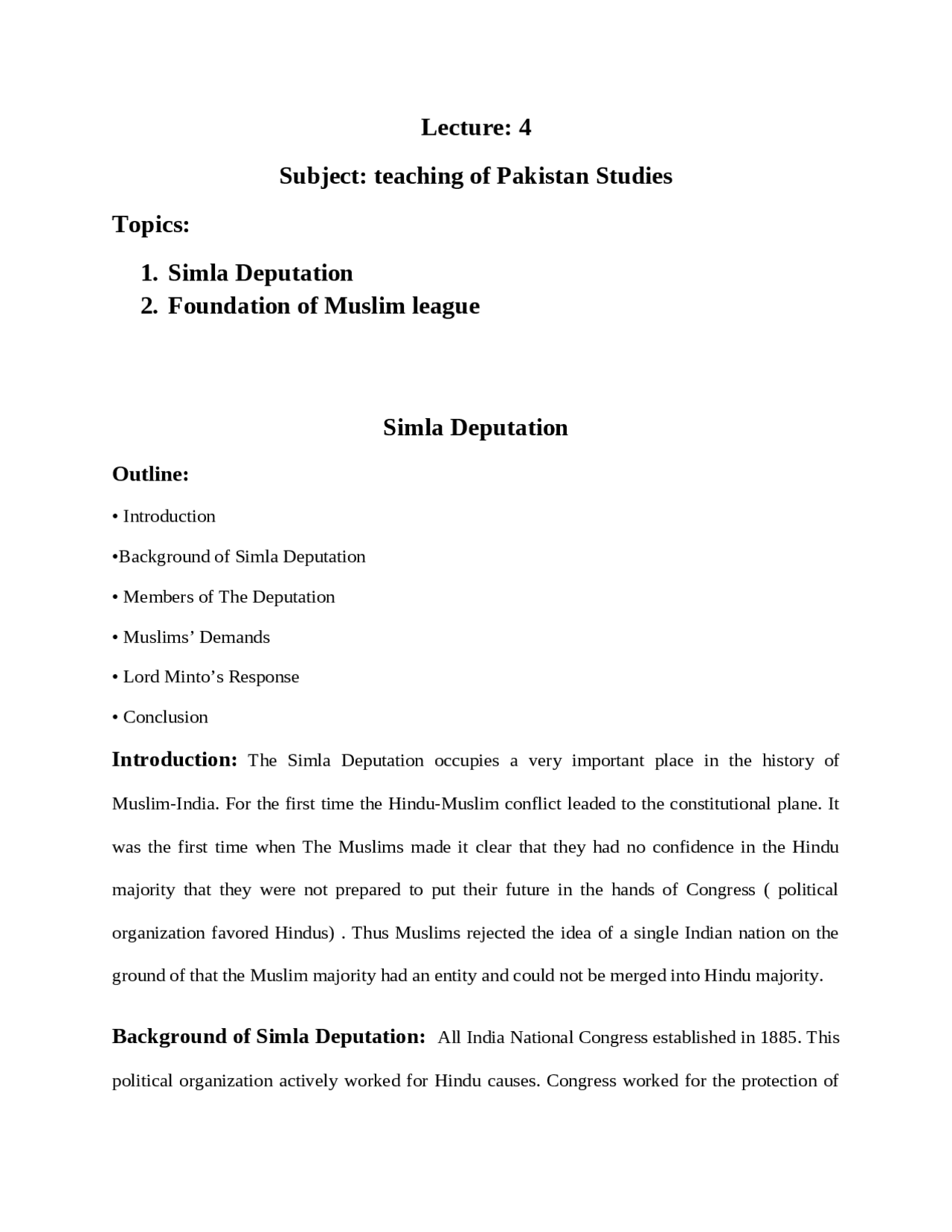 General overview of simla Deputation Docsity