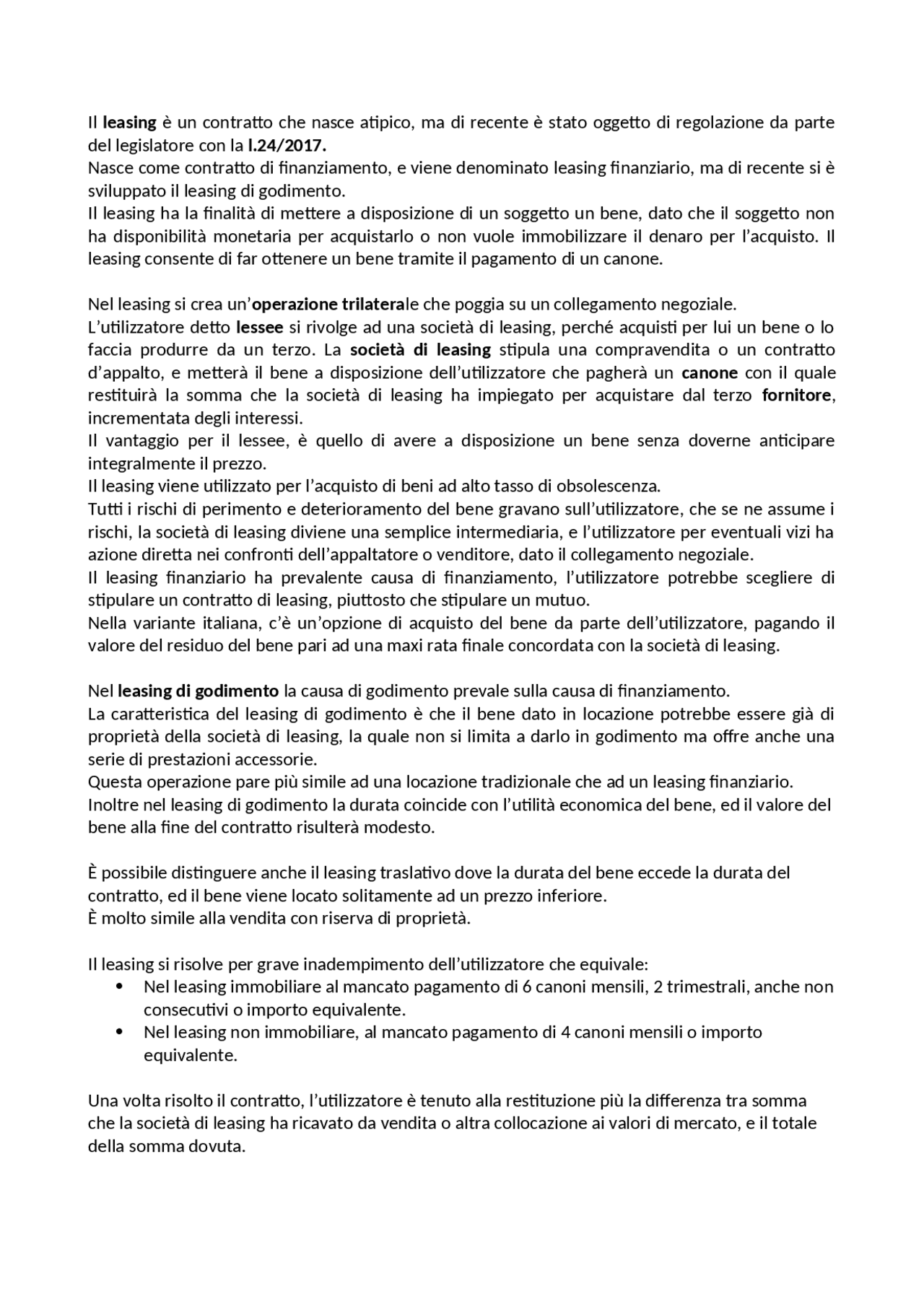 Il contratto di leasing - Docsity