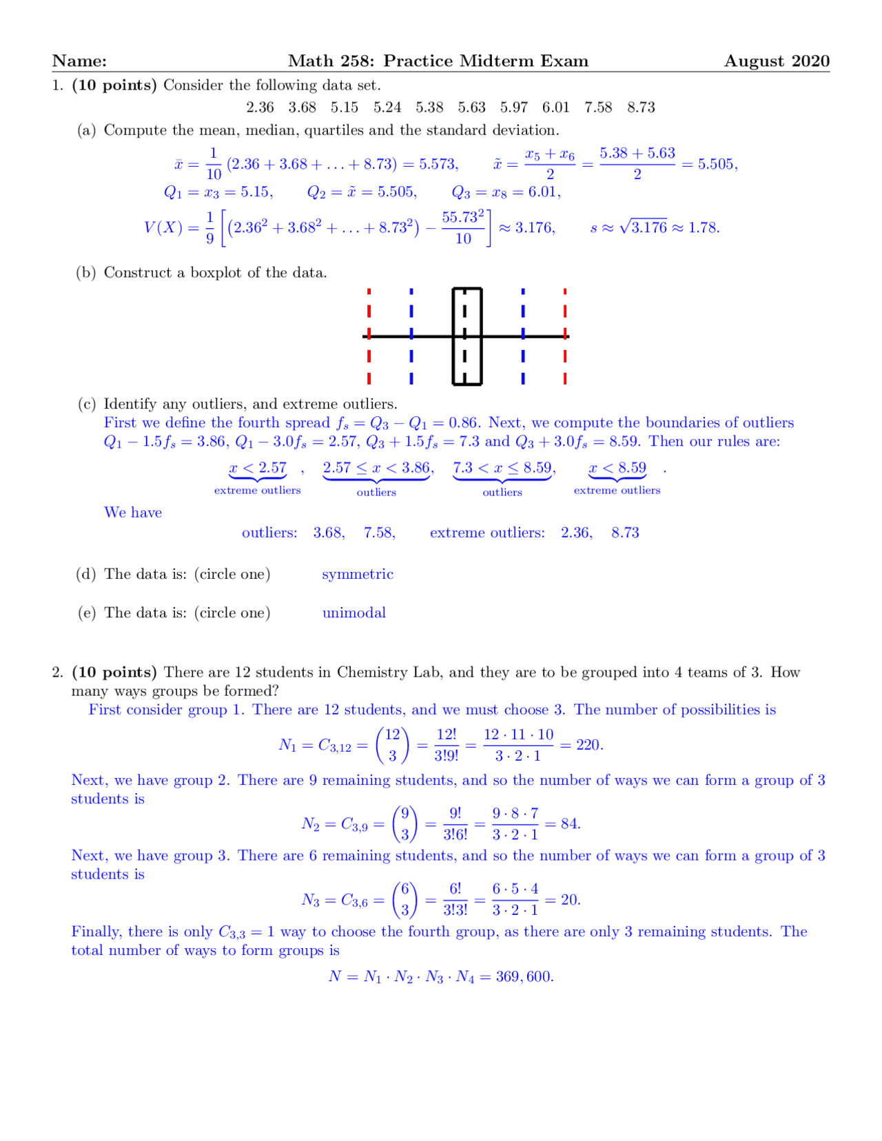 Statistics Probability Exam Probability and Statistics Practice Exam 1 and Solutions - Docsity