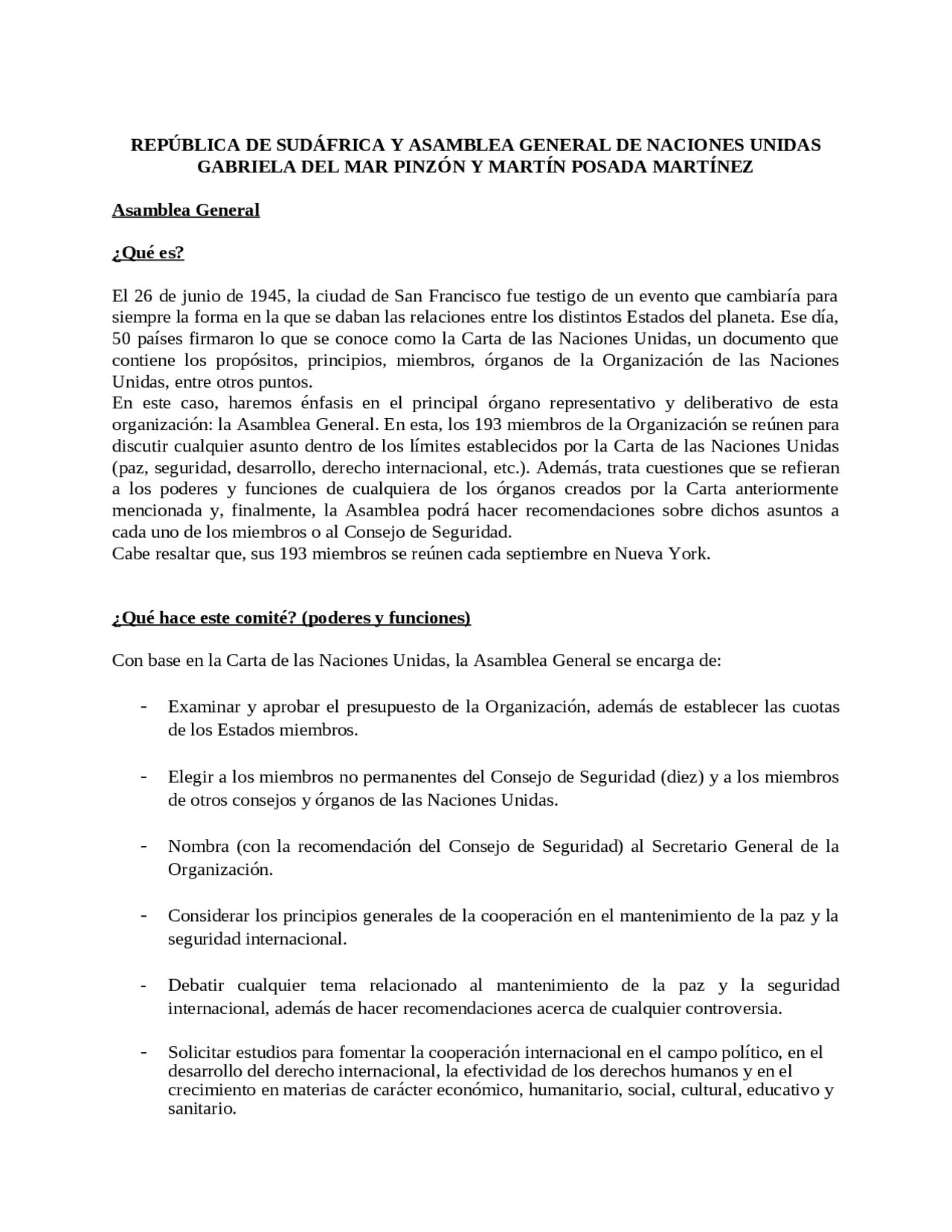 República de Sudáfrica y la Asamblea General de Naciones Unidas Docsity
