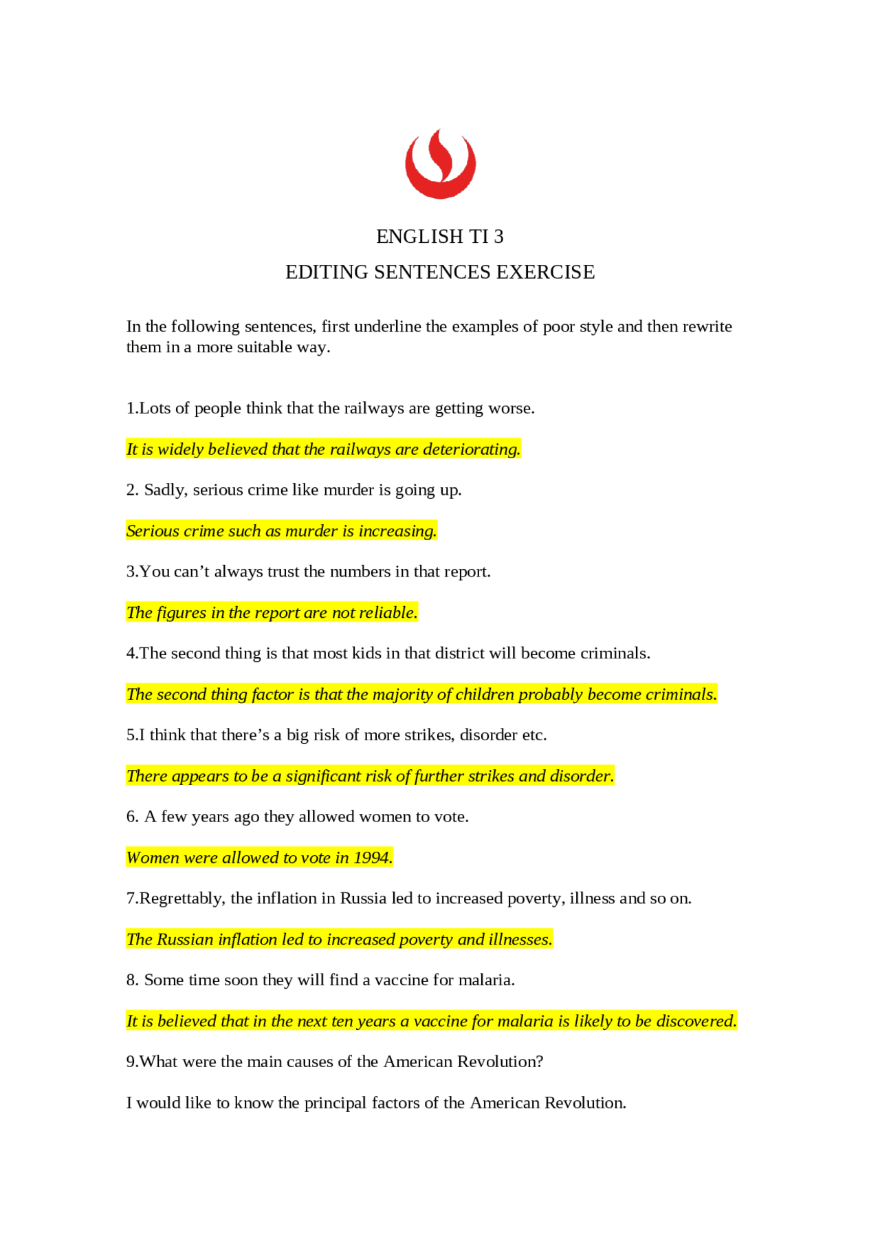 Editing Sentence Examples Editing Sentences (Exercise with answers) - Docsity