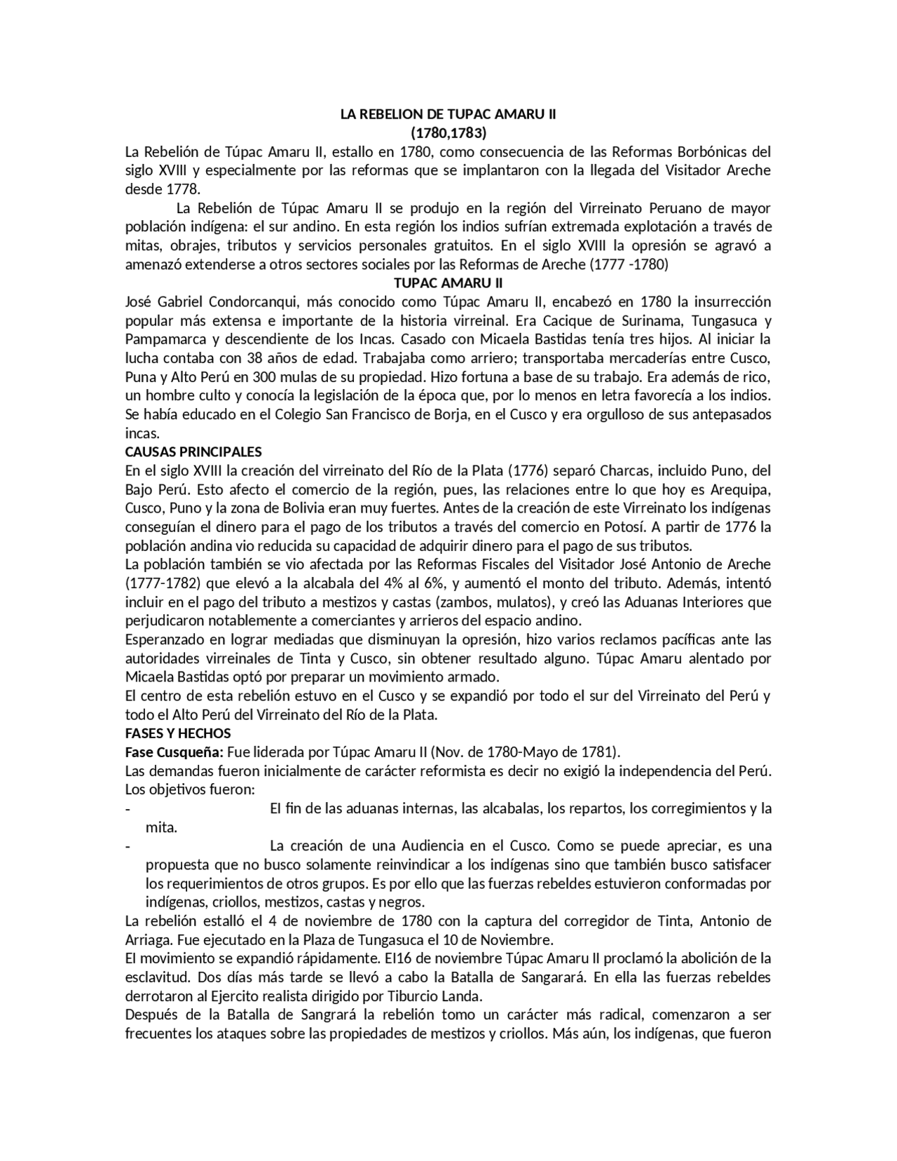 Resumen Rebelion De Tupac Amaru Docsity