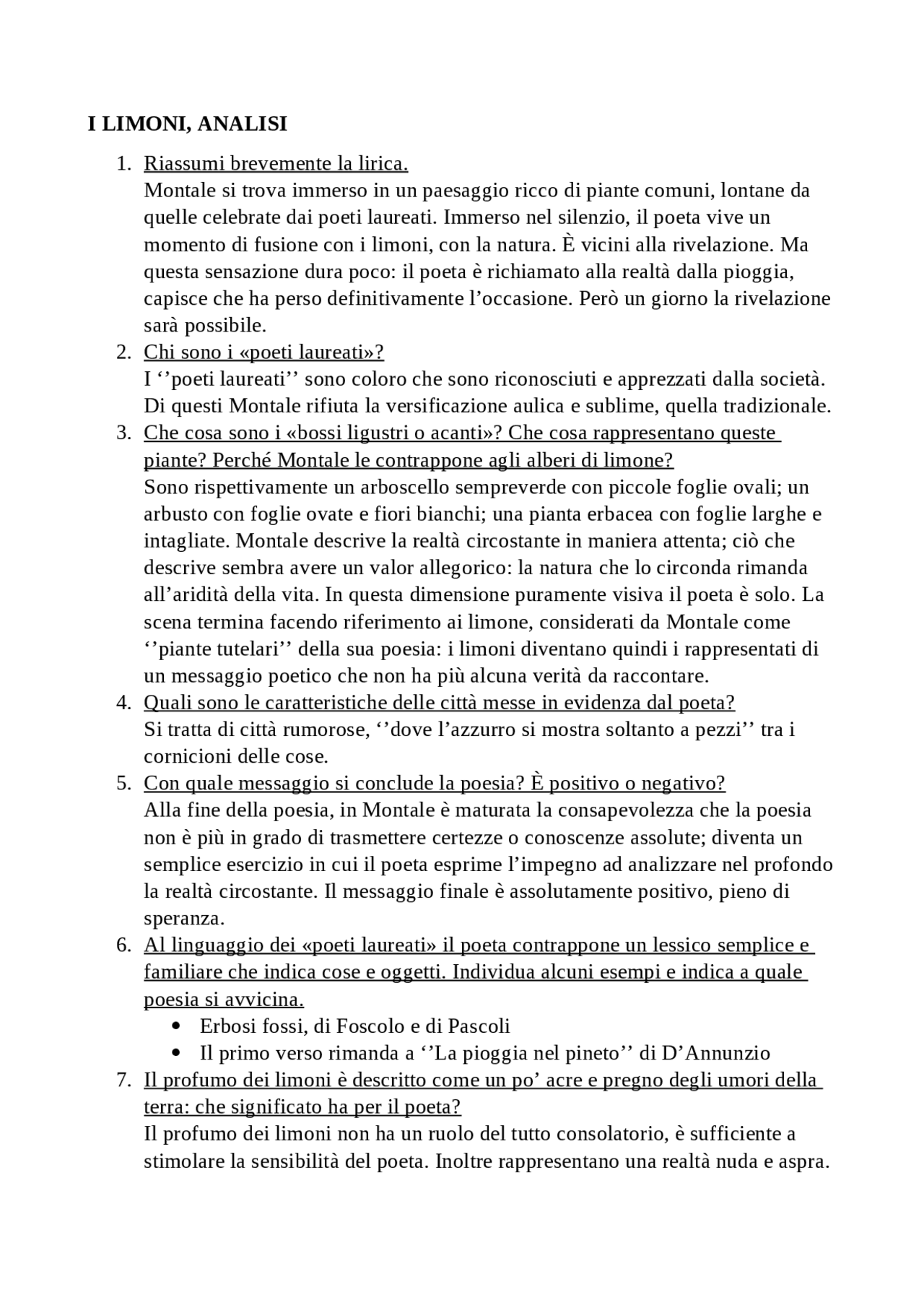 MONTALE, i limoni e l'argomento della poesia - Docsity