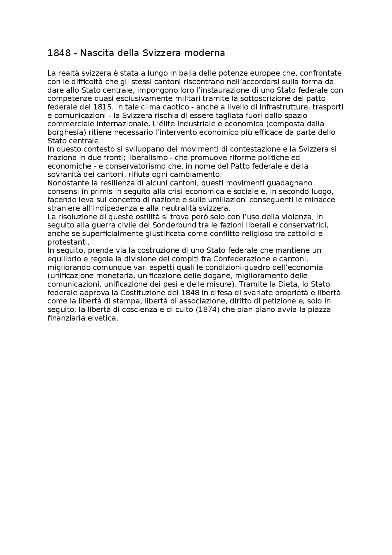1848 nascita della svizzera moderna Docsity