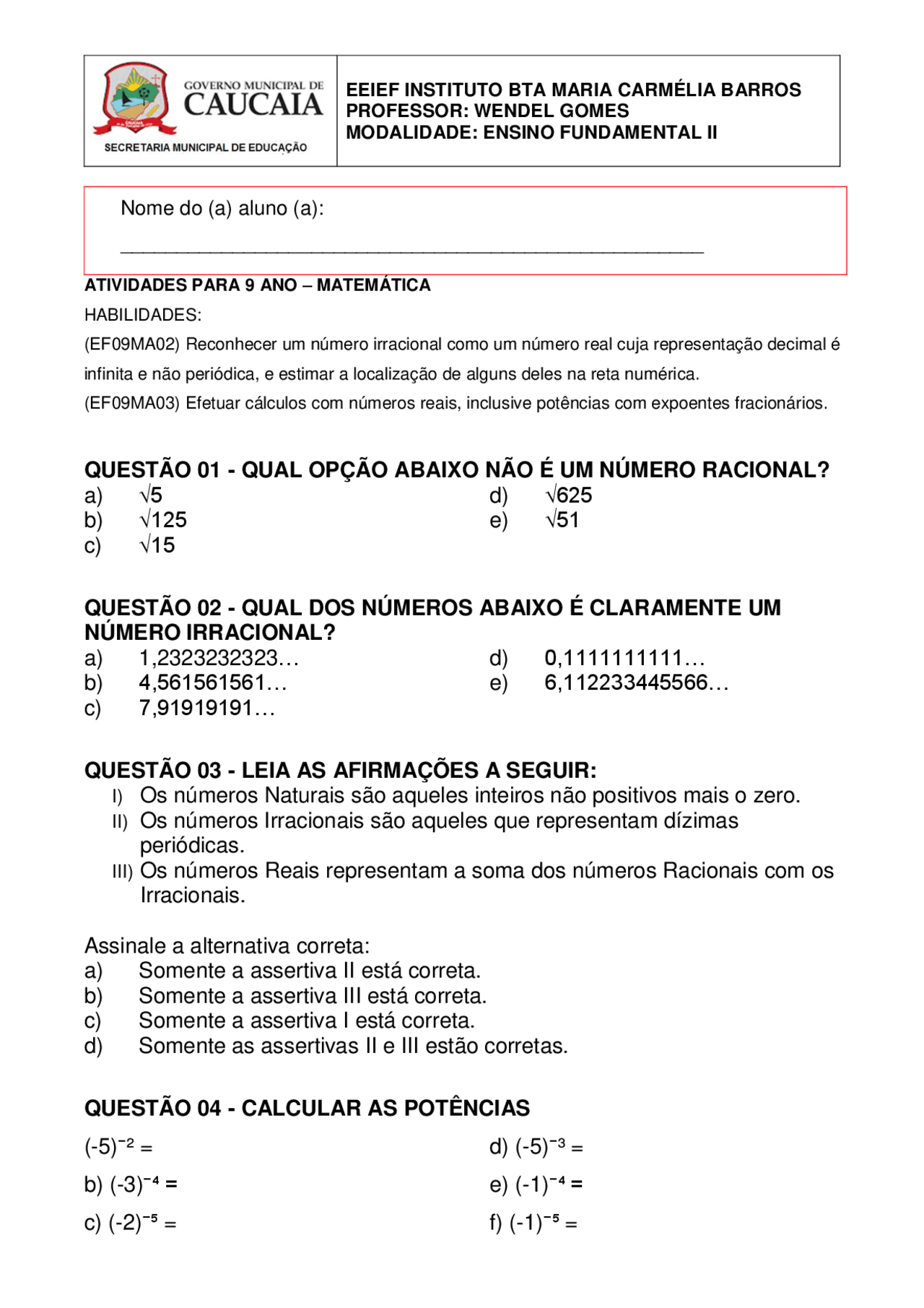 Exercícios de Matemática para o 9º Ano: Números Racionais e Irracionais ...