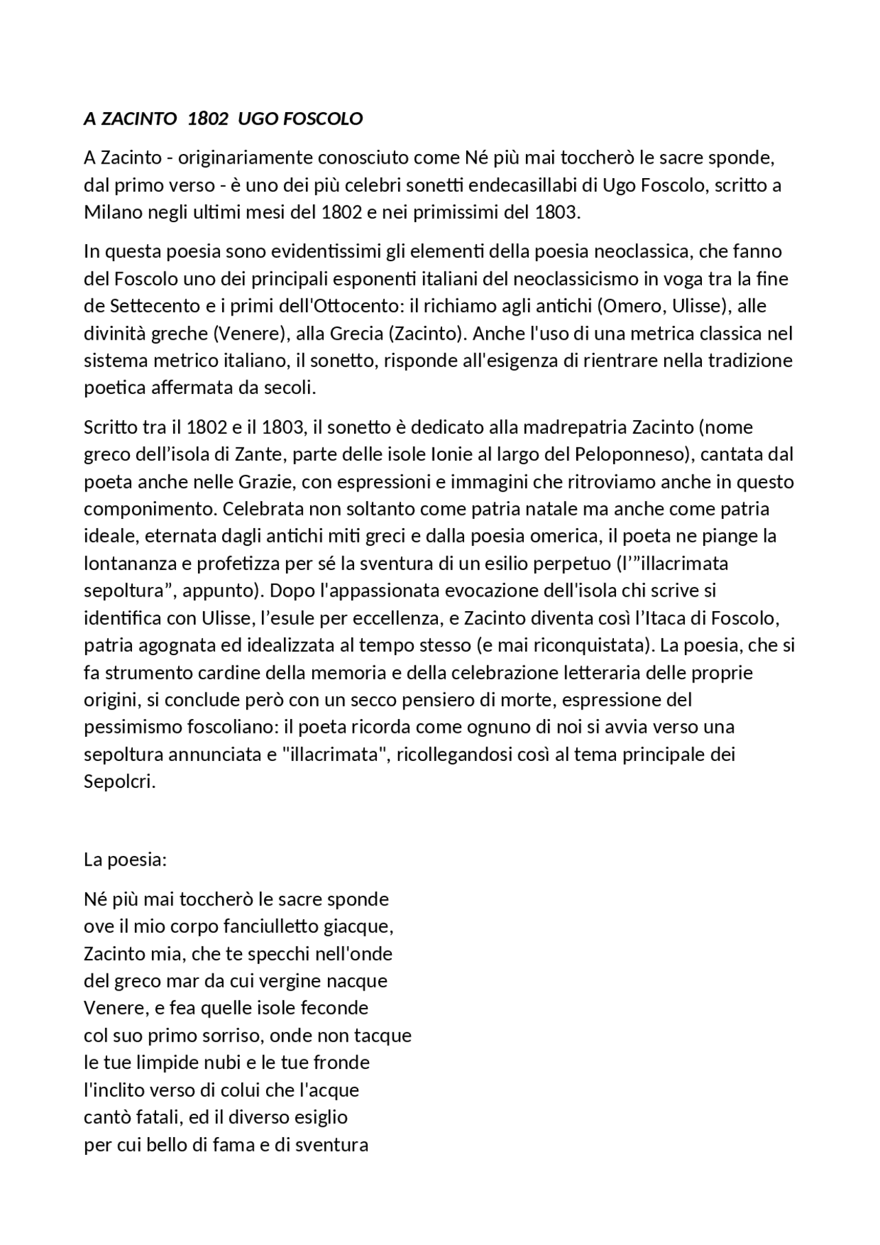 a zacinto di ugo foscolo