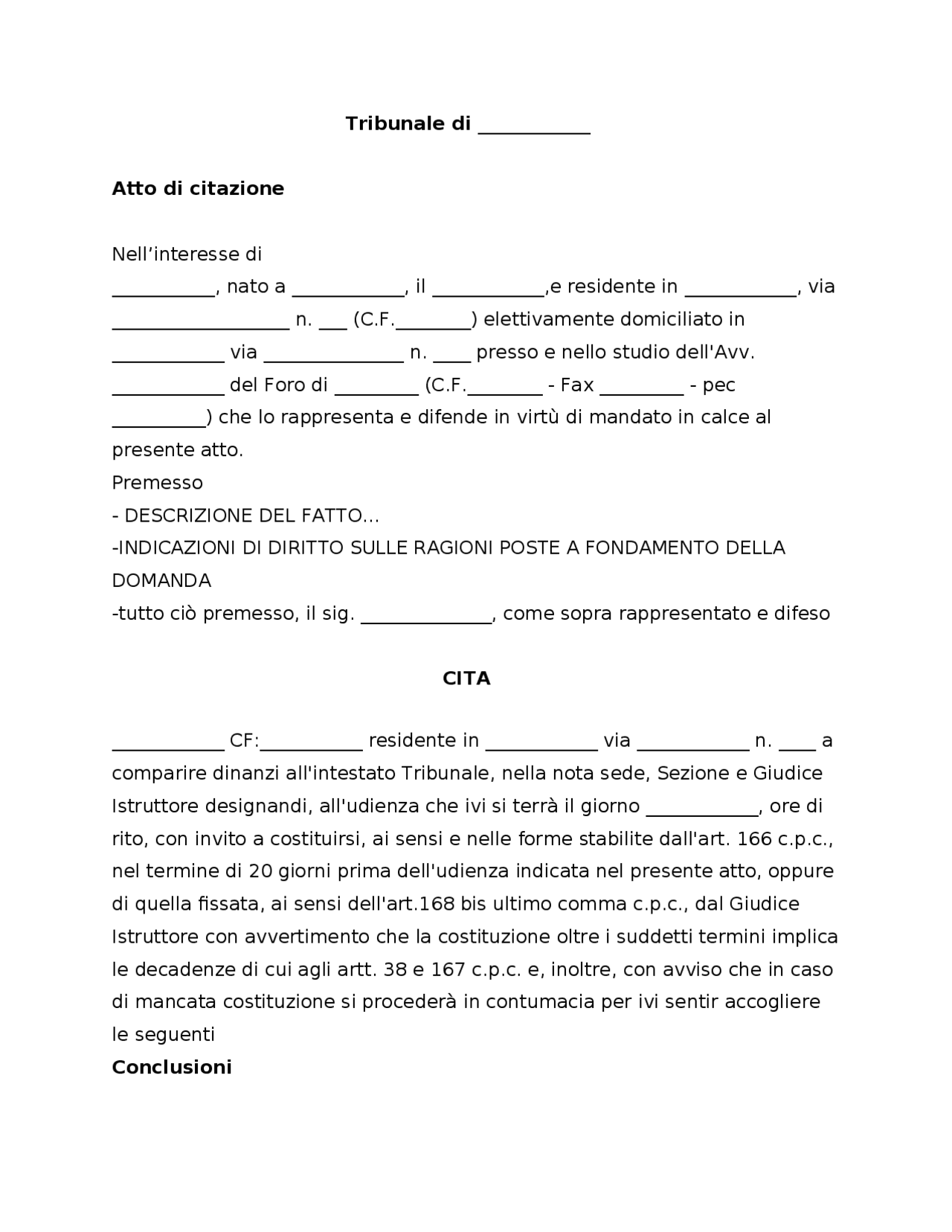 Fac simile atto di citazione Docsity Fac simile atto di citazione Docsity