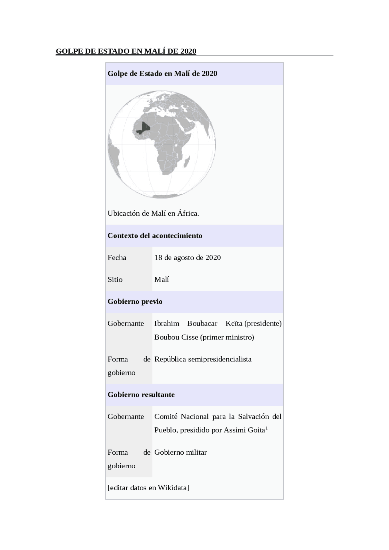 GOLPE DE ESTADO EN MALI Docsity