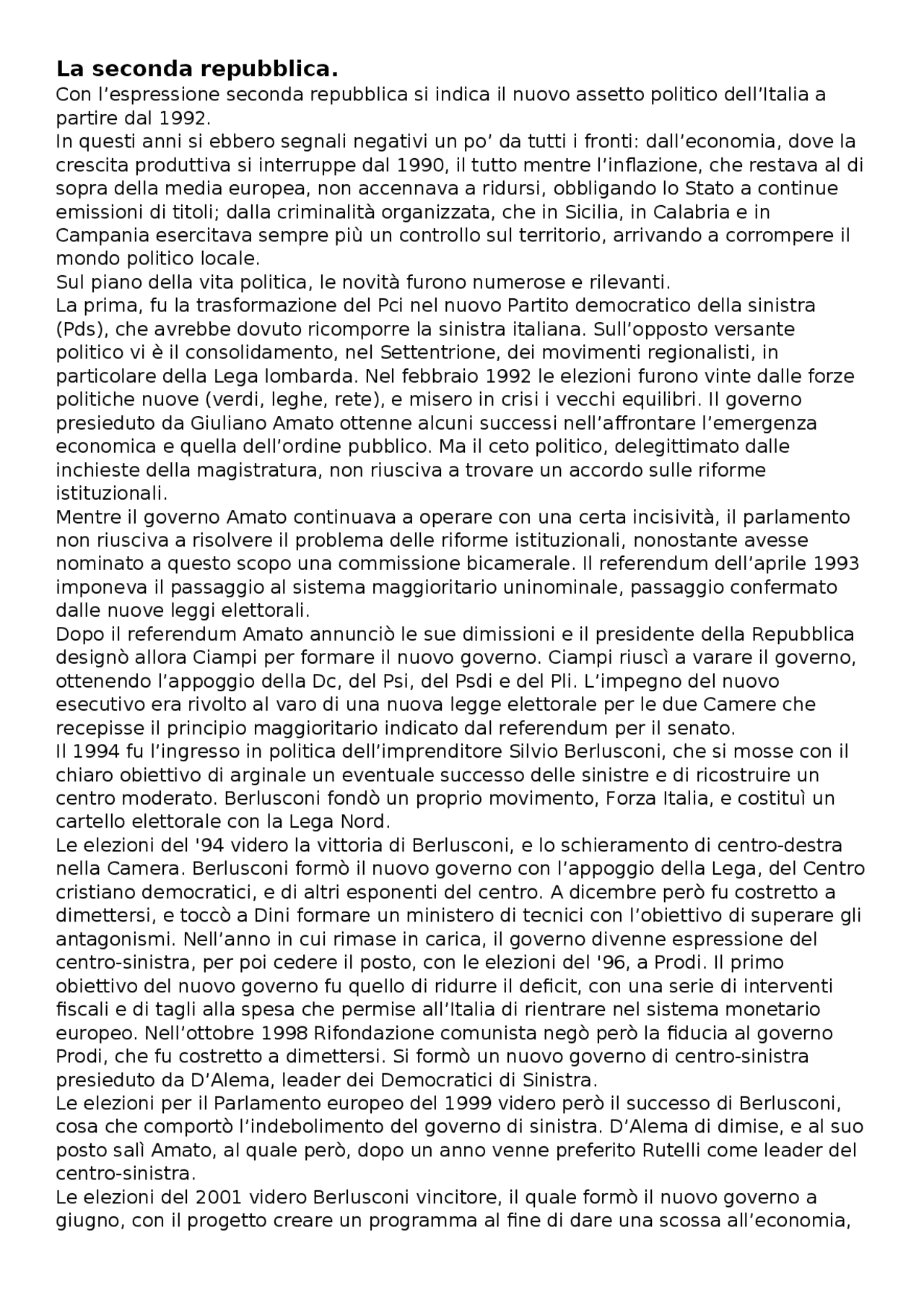 La seconda Repubblica italiana Docsity