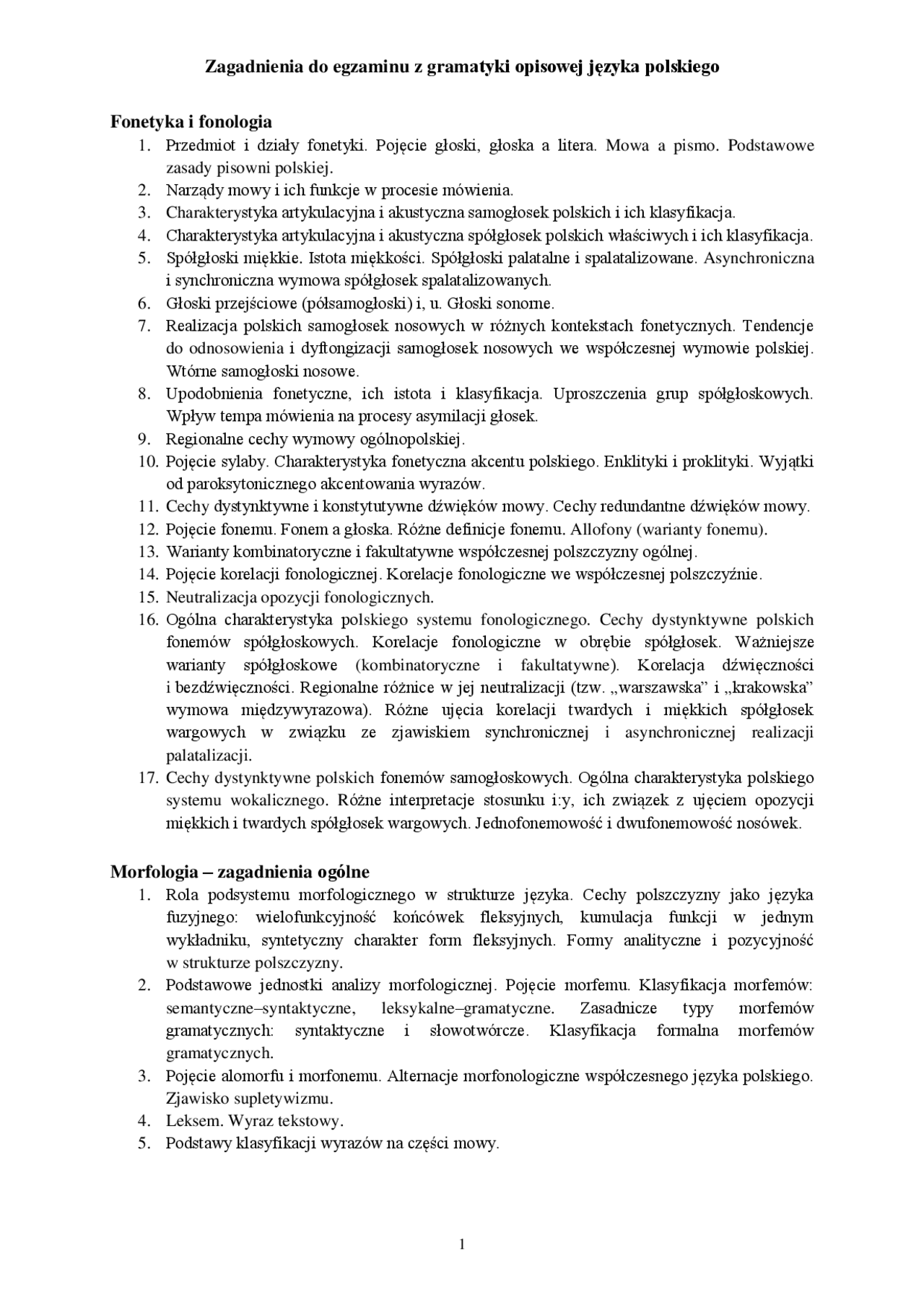 Zagadnienia do egzaminu z gramatyki opisowej języka polskiego