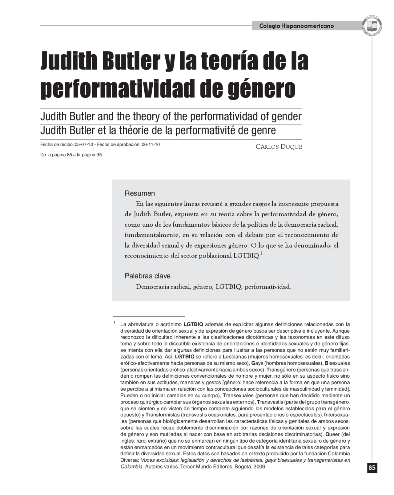 Butler Y La Teoria Performativa Del Genero Docsity