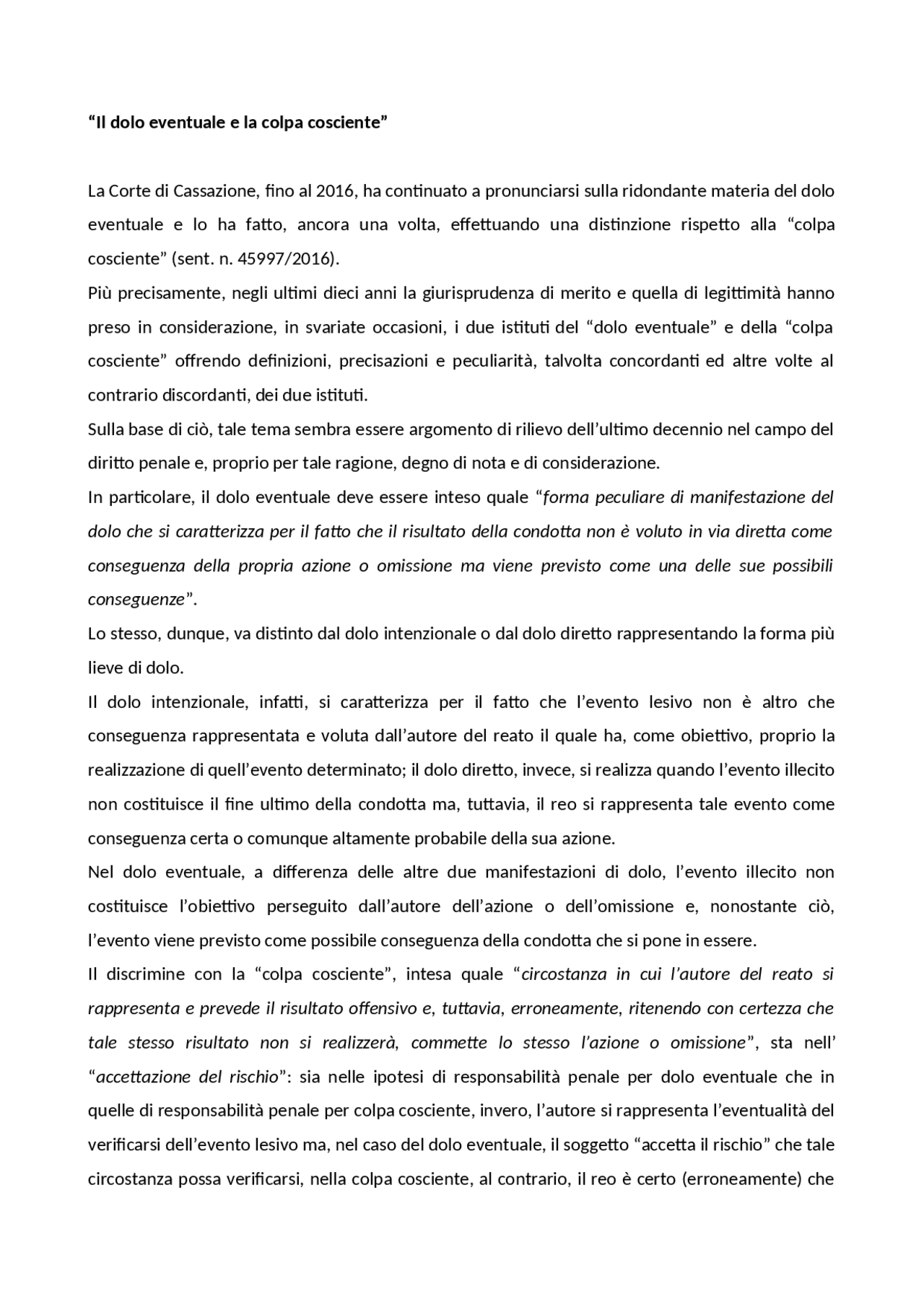 DIFFERENZE DOLO EVENTUALE E COLPA COSCIENTE Docsity