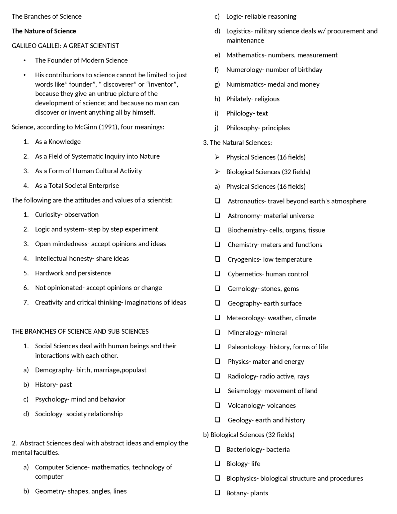 The branches of science - Docsity