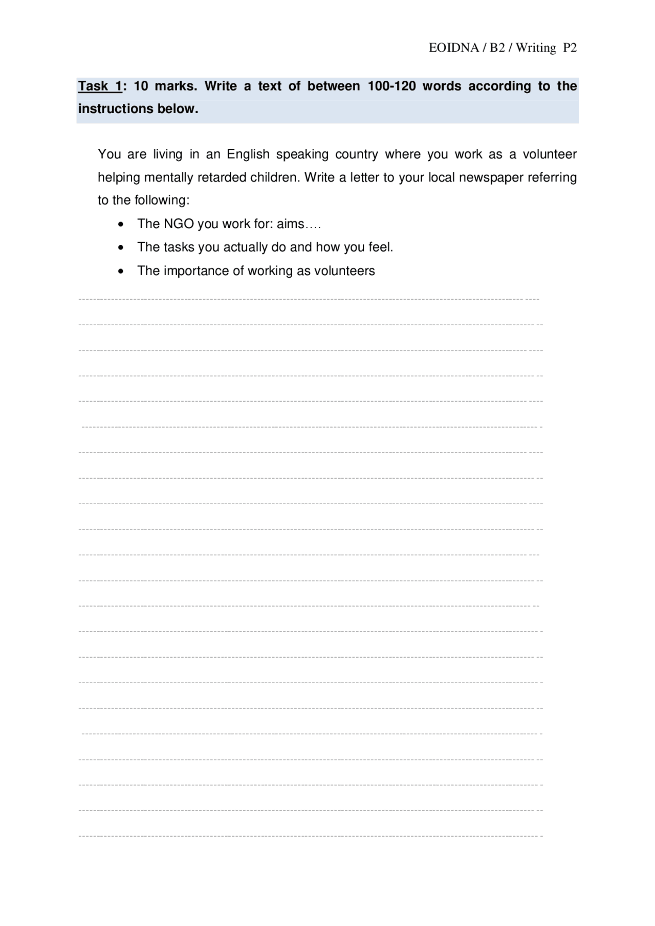 WRITING B2 EXAMPLE OF EXAM - Docsity