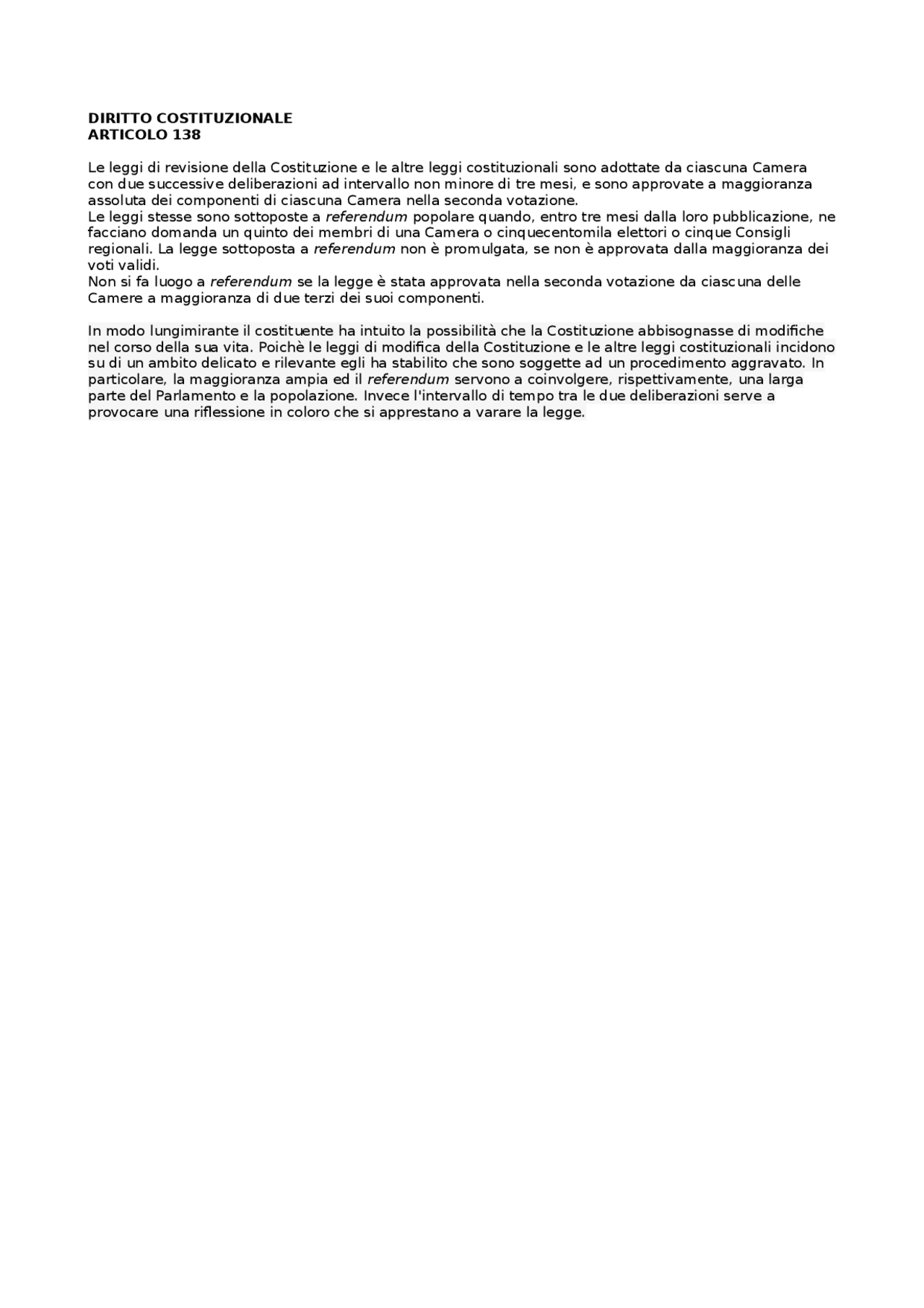 Articolo 138 costituzione - Docsity
