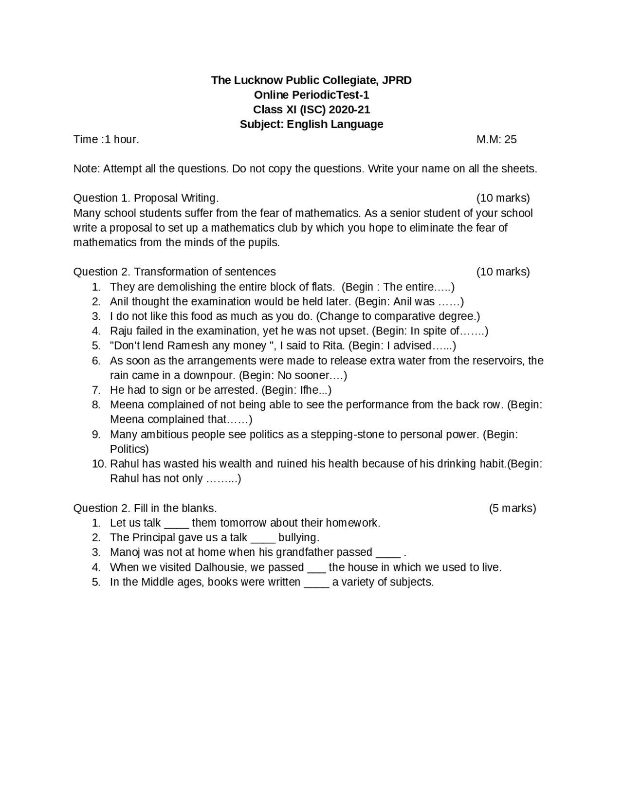 English language practice questions class XI | Exercises English | Docsity