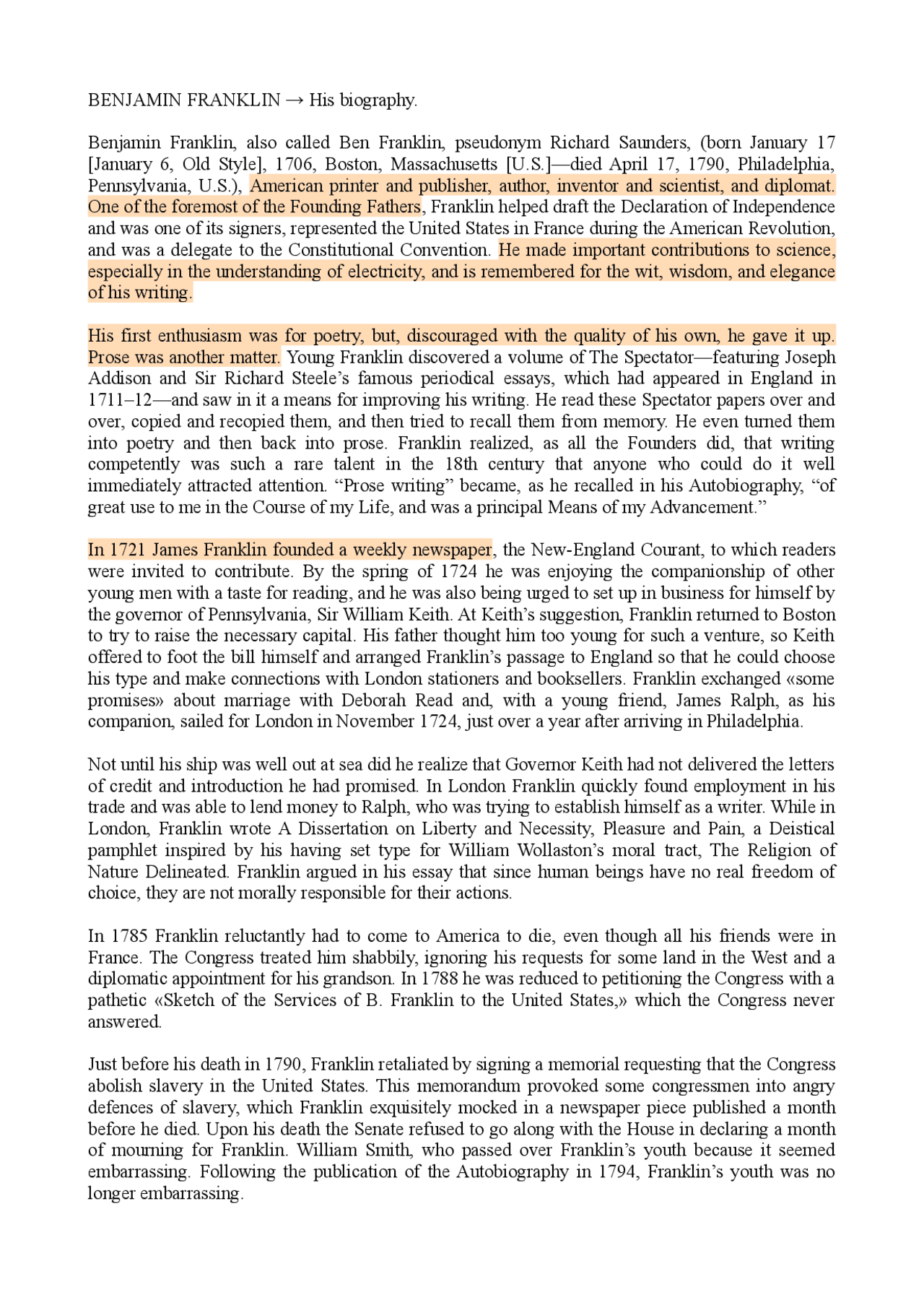 Biografia Benjamin Franklin Docsity