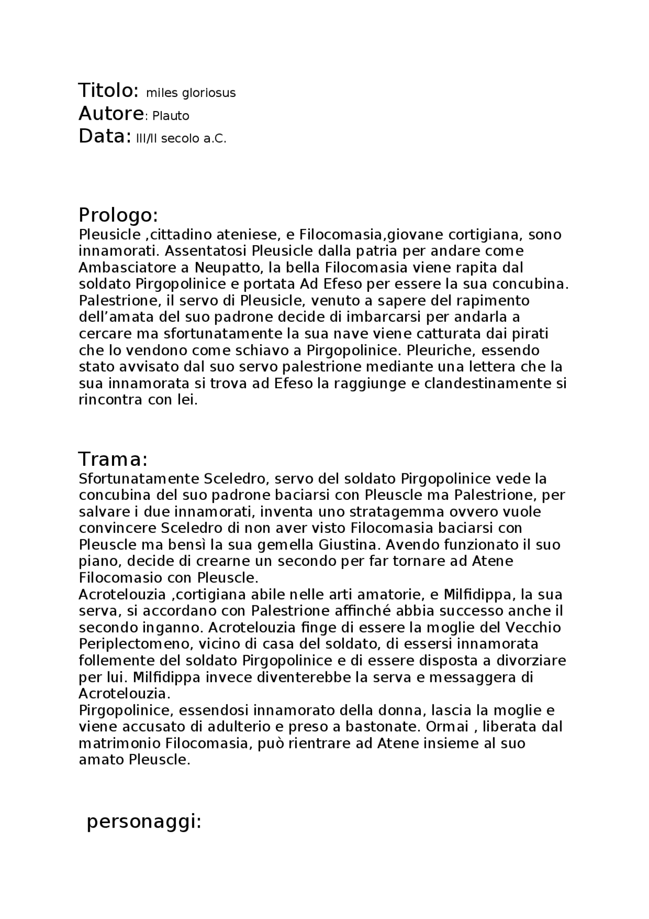 Scheda tecnica miles gloriosus | Appunti di Latino | Docsity