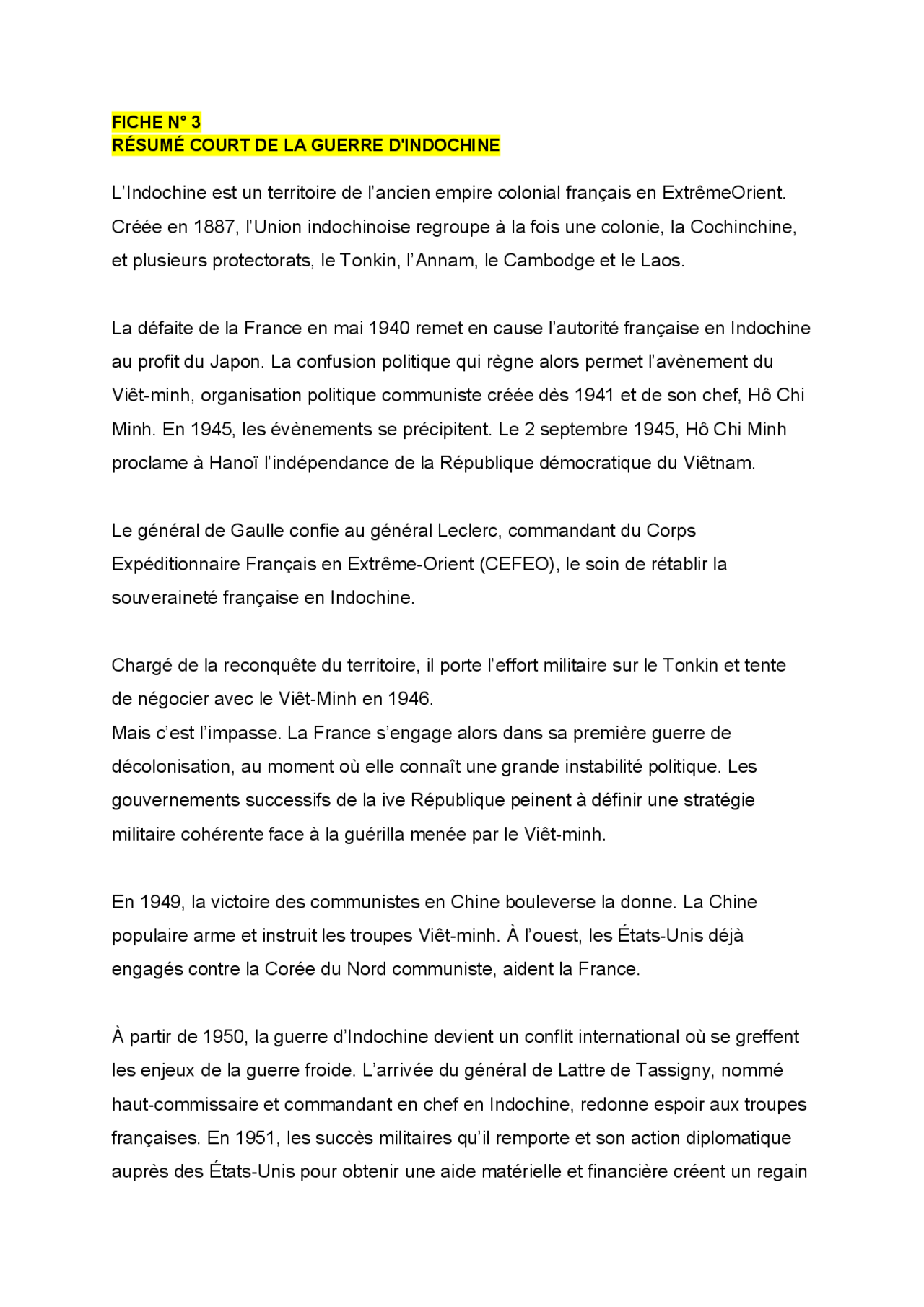 Fiche N 3 Resume Court De La Guerre D Indochine Docsity