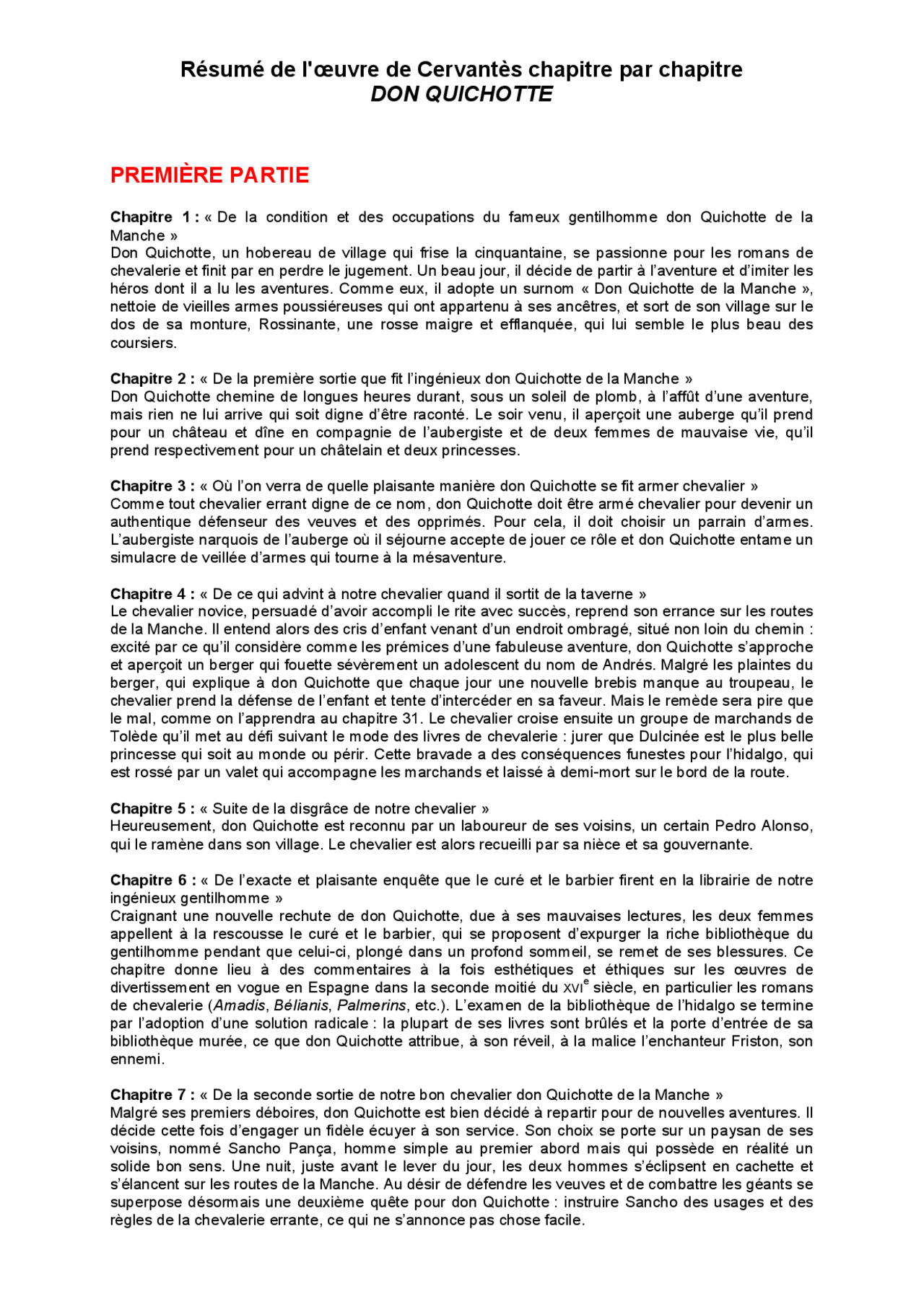 Don Quichotte résumé de l'œuvre de Cervantès chapitre par chapitre