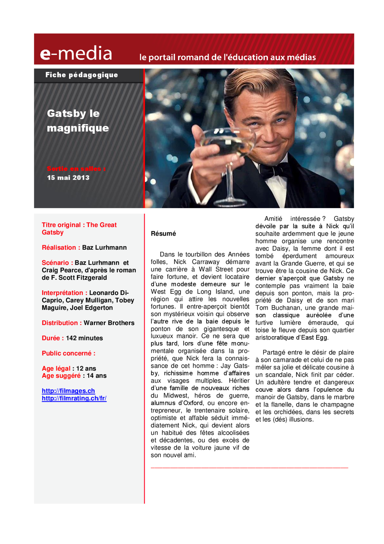 Gatsby le magnifique résumé du film et fiche pédagogique Résumés Chirurgie plastique Docsity
