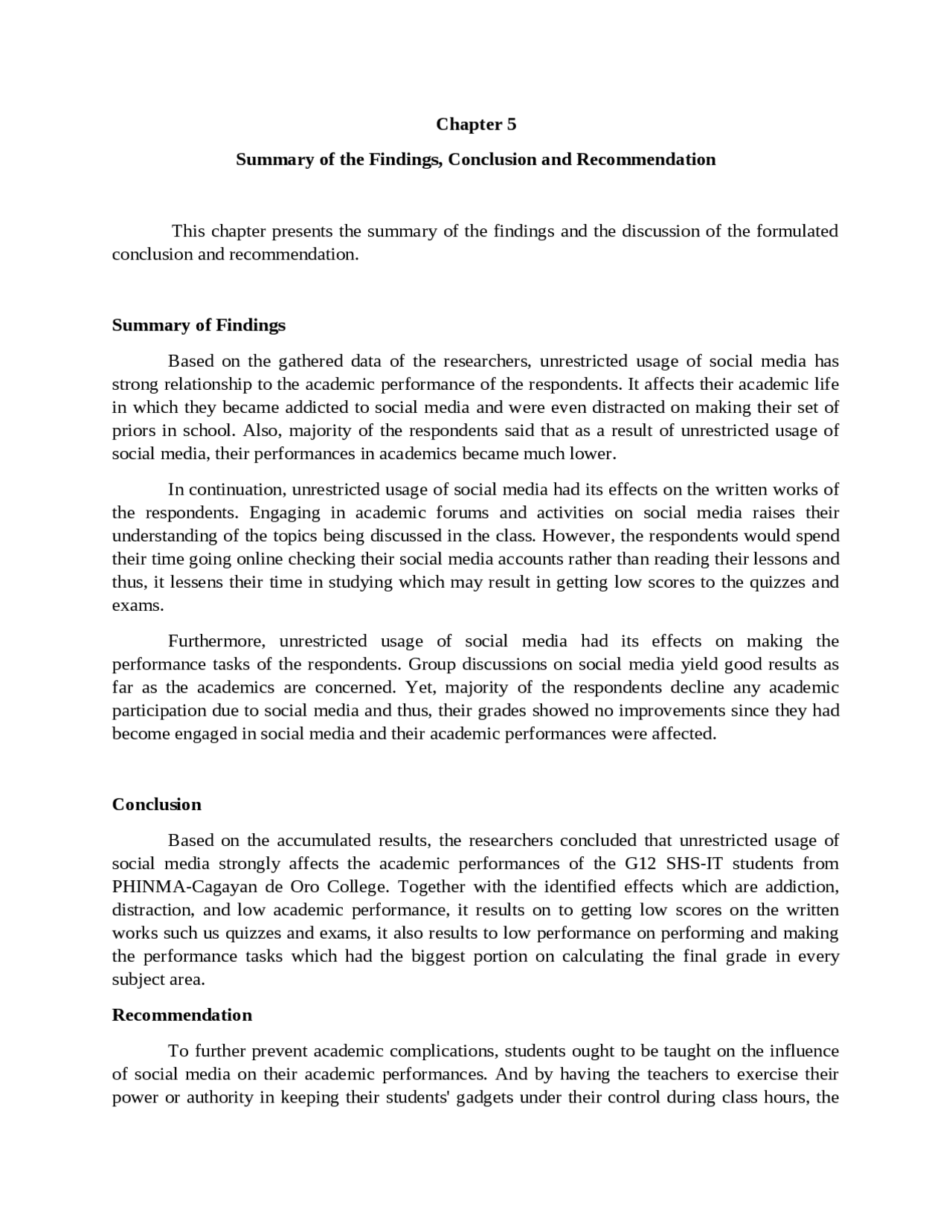 conclusion and recommendation sample in case study