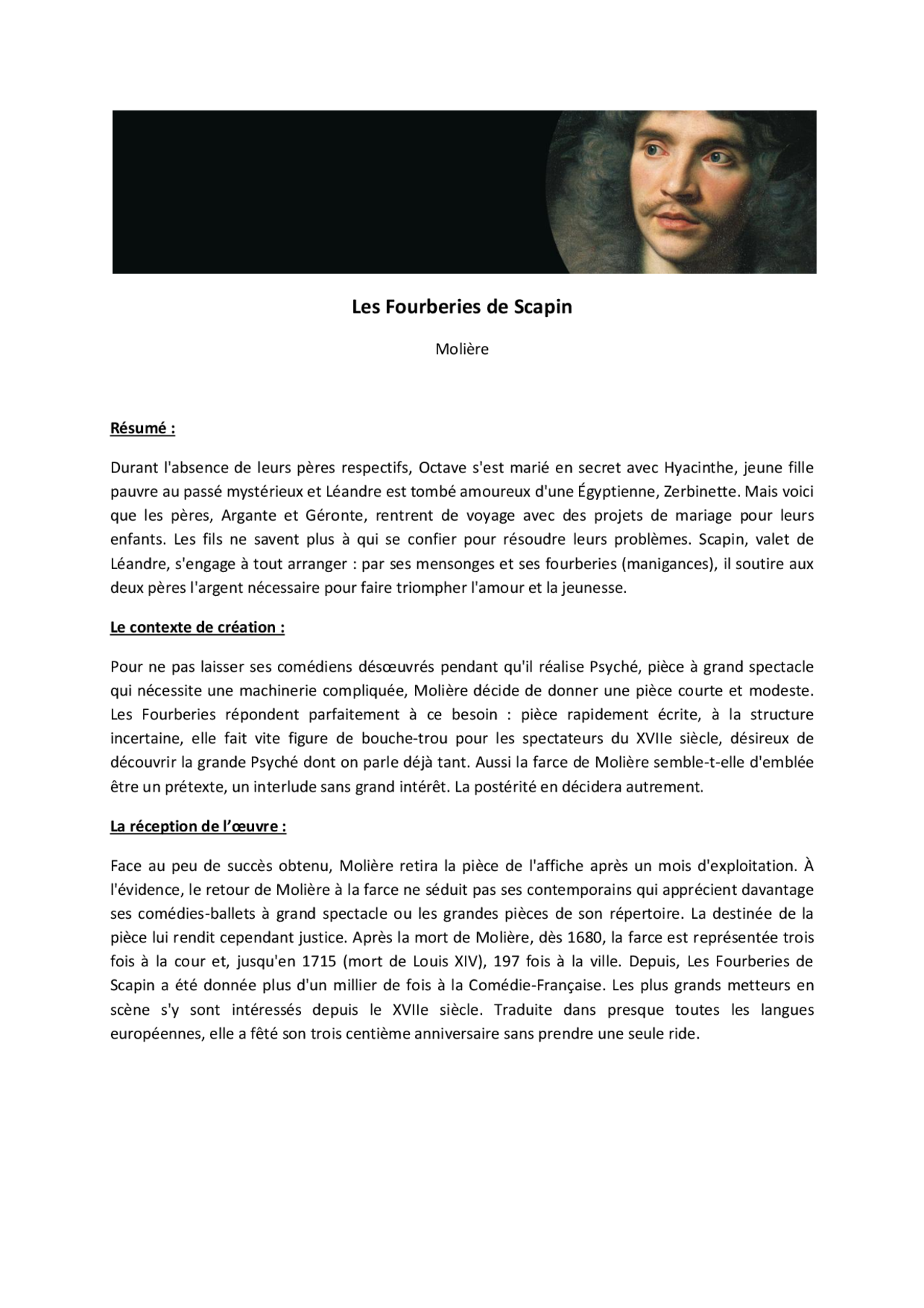Les Fourberies de Scapin (Molière) résumé court et personnages  Docsity