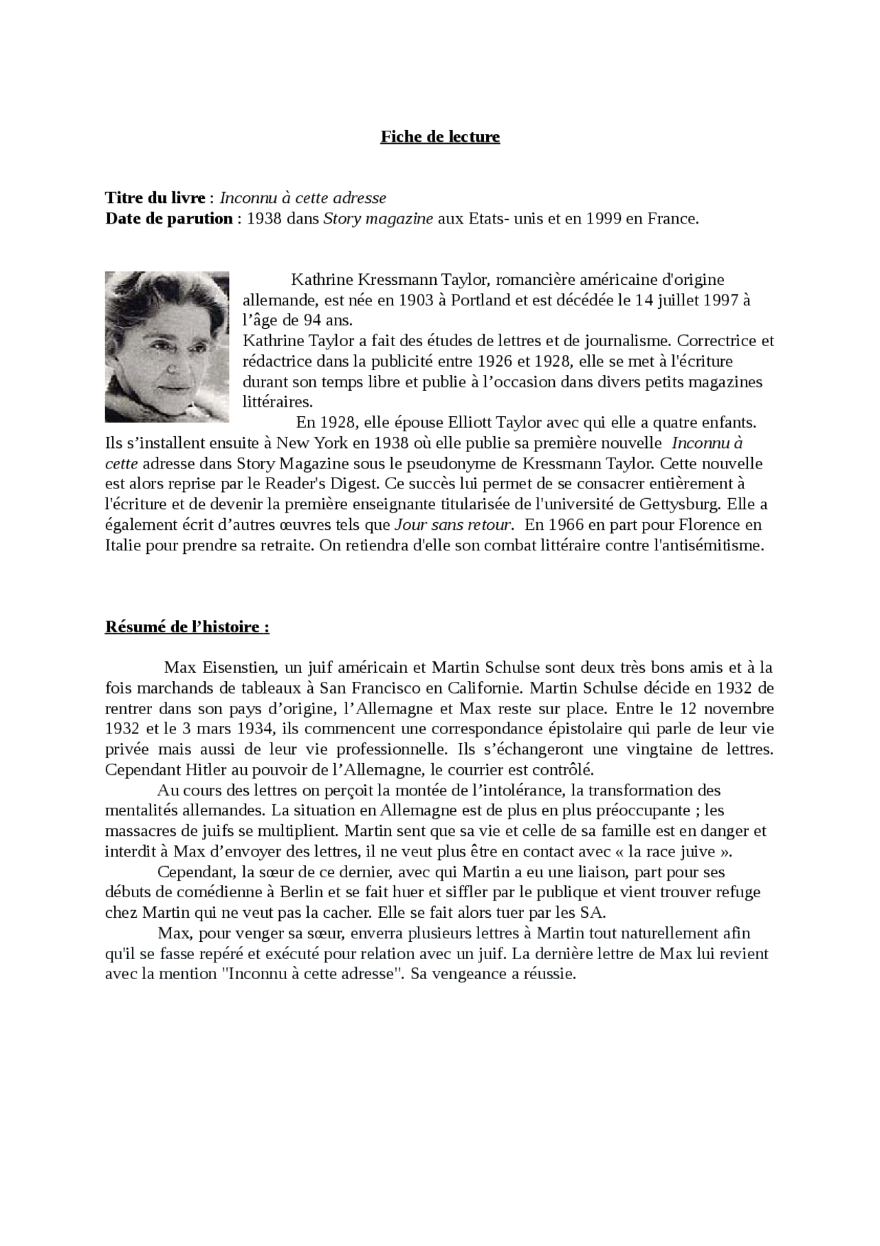 Inconnu à cette adresse (Kathrine Kressmann Taylor) résumé court de l’histoire Résumés Inconnu à cette adresse (Kathrine Kressmann Taylor) résumé court de l’histoire Résumés