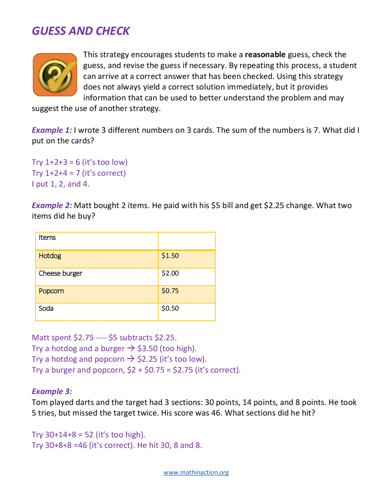 Guess and check ( Problem Solving) - Docsity