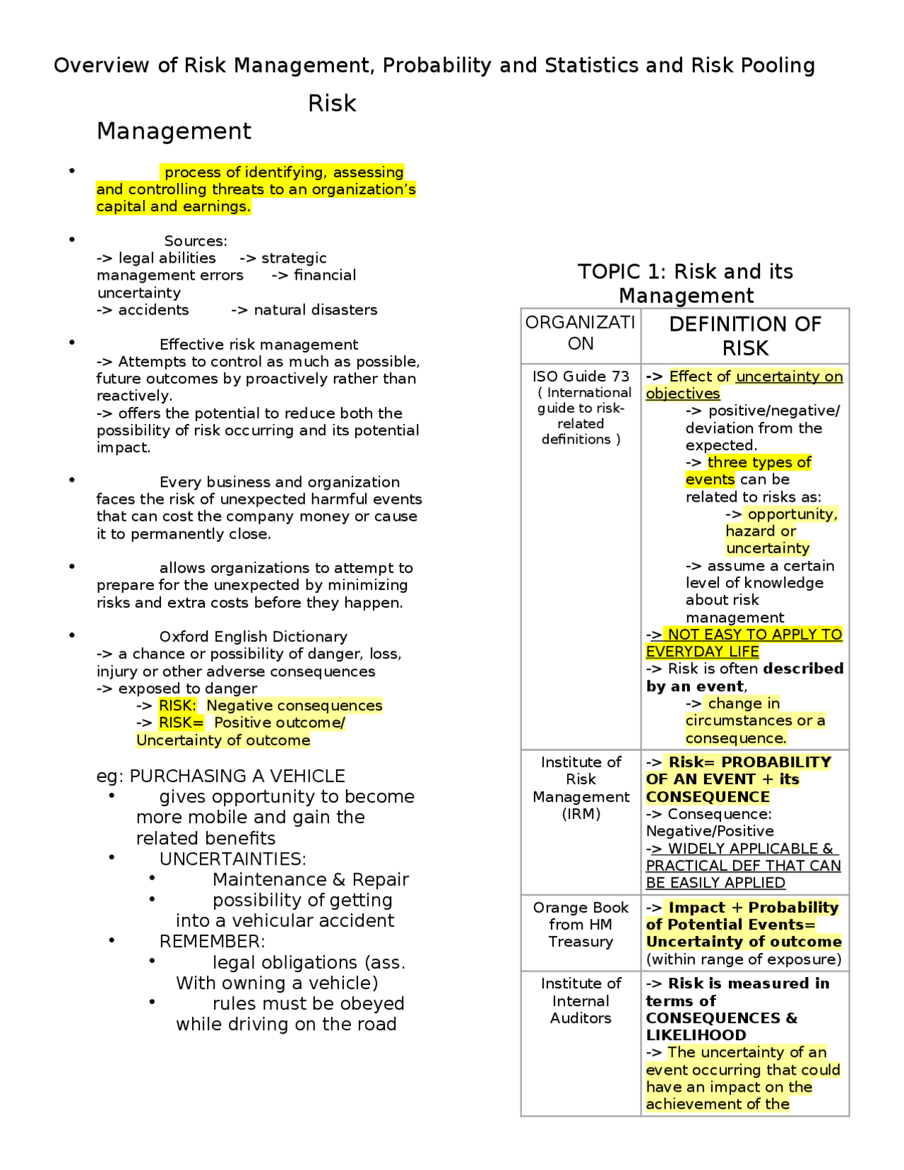 Risk management Notes - Docsity