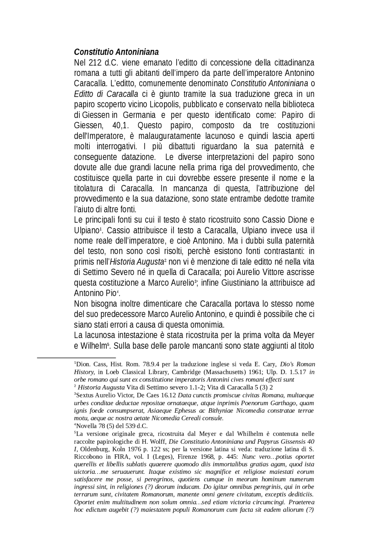 La constitutiO Antoniniana Dispense di Diritto Romano Docsity