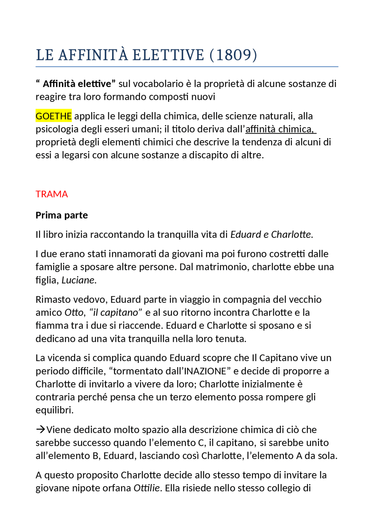 Affinity Goethe Le affinità elettive (Goethe) | Appunti di Letteratura Tedesca | Docsity