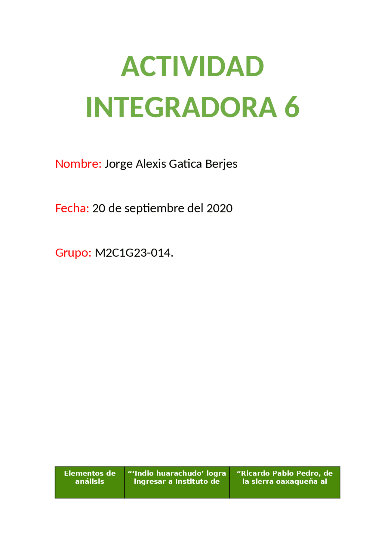 Actividad integradora 6 Módulo 2 semana 3 - Docsity