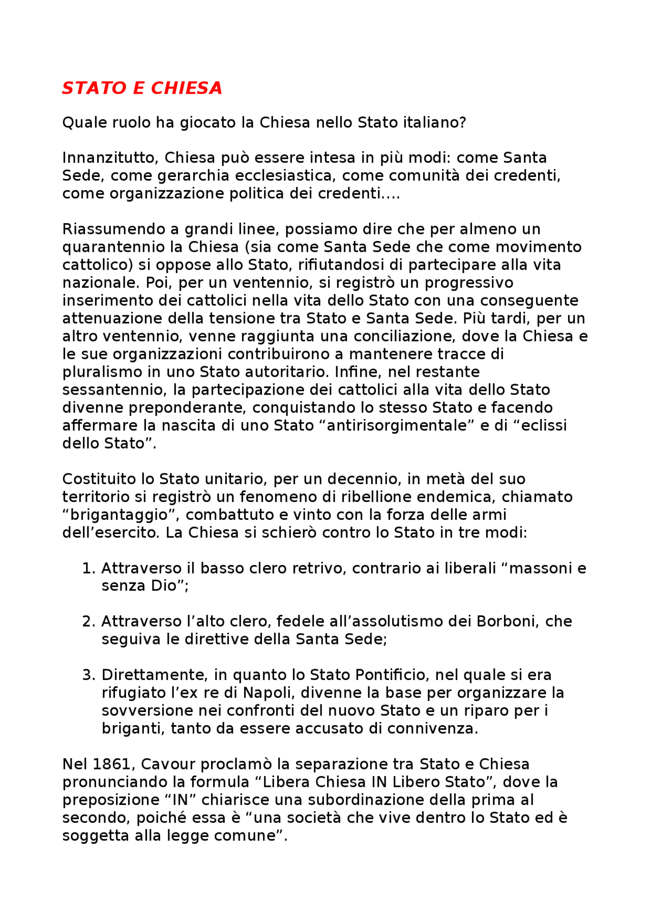 Stato e Chiesa (Governare gli italiani S. Cassese) Docsity