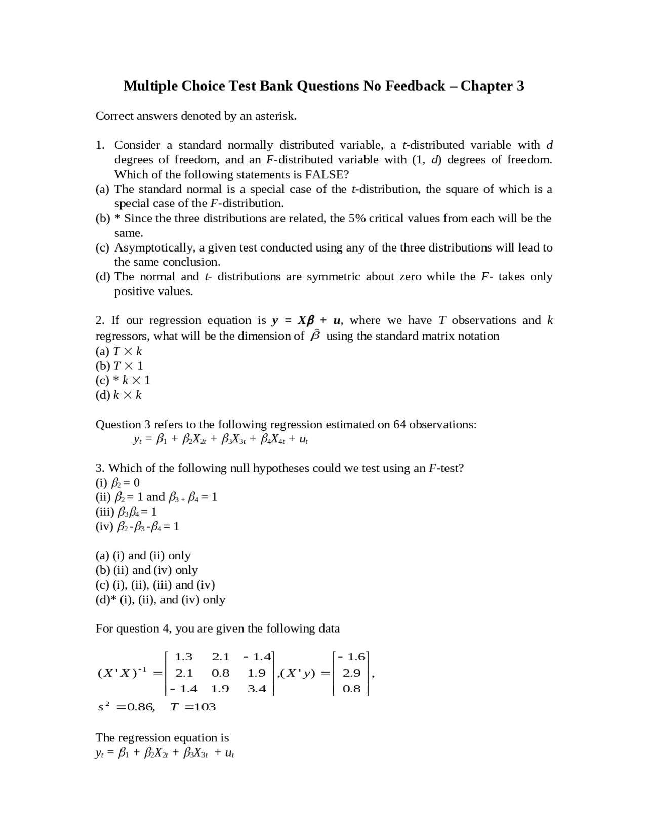 Multiple Choice Test Bank Questions for Chapter 3: Regression Analysis ...