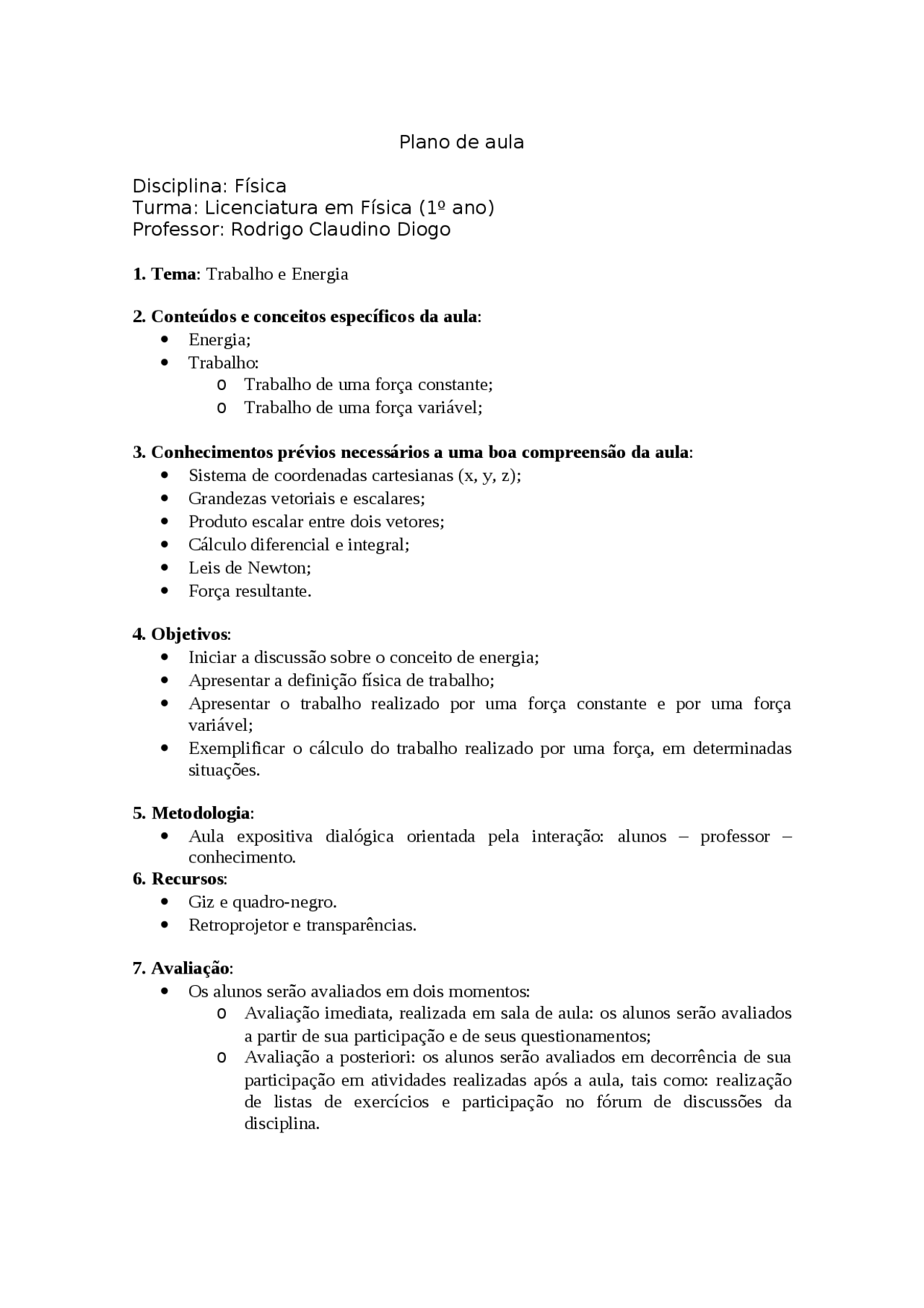 Plano de aula de fisica para ensino medio | Esquemas Física | Docsity