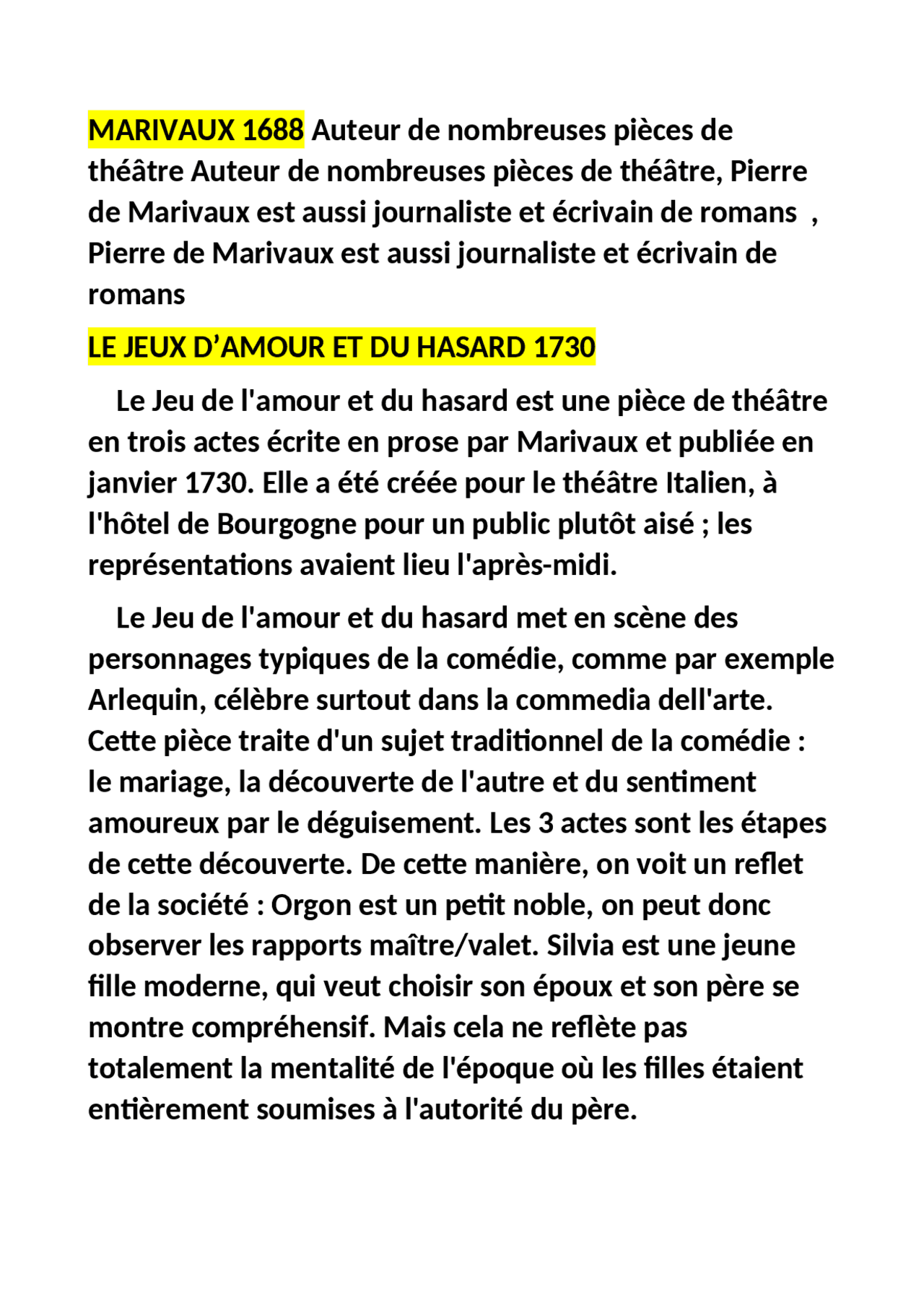 Resume Le Jeux De L Amour Et Du Hasard Marivaux Docsity